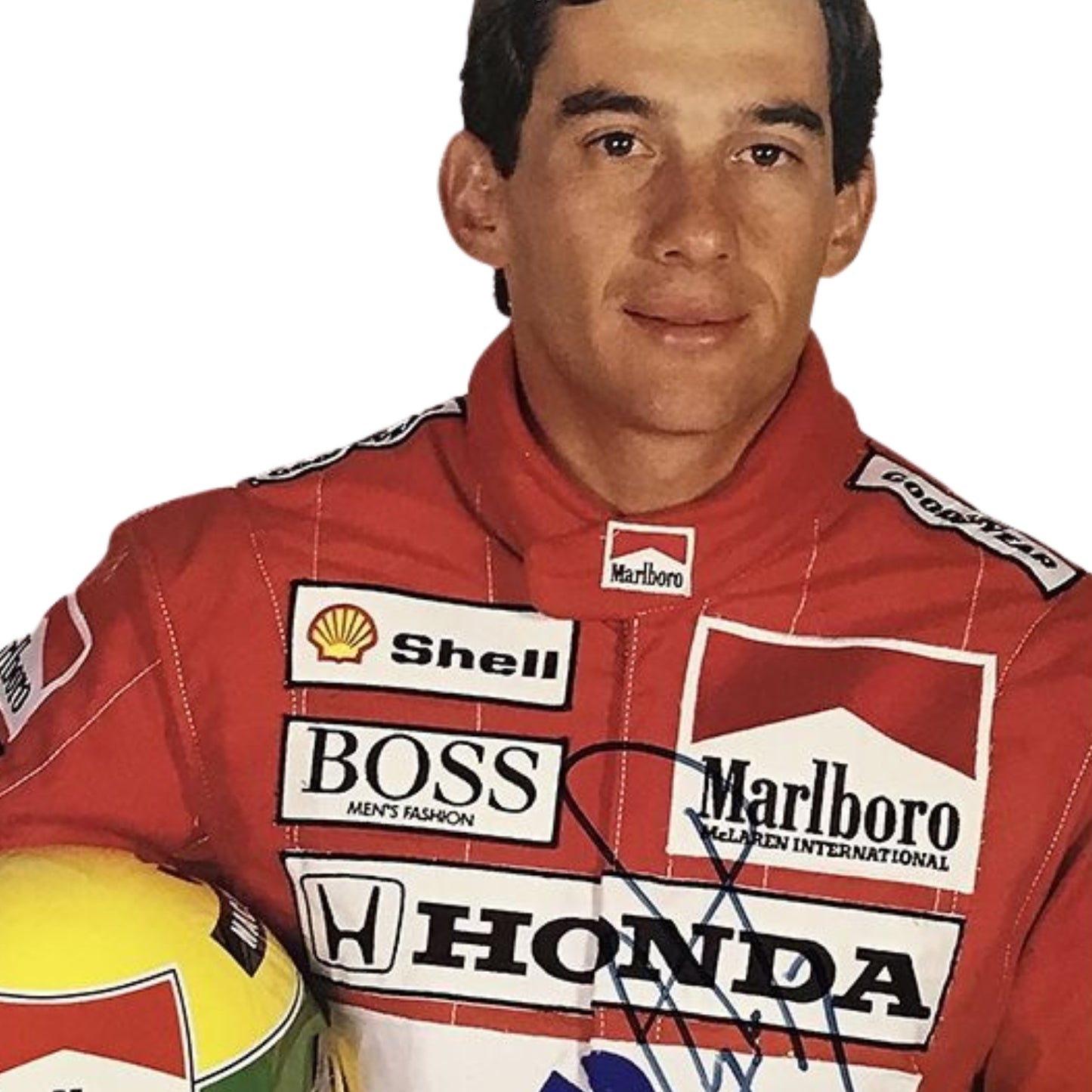 Close-up detail of Ayrton Senna’s 1988 racing suit stitching, premium fabric texture, and historical sponsor logo placements, crafted by Stand21.