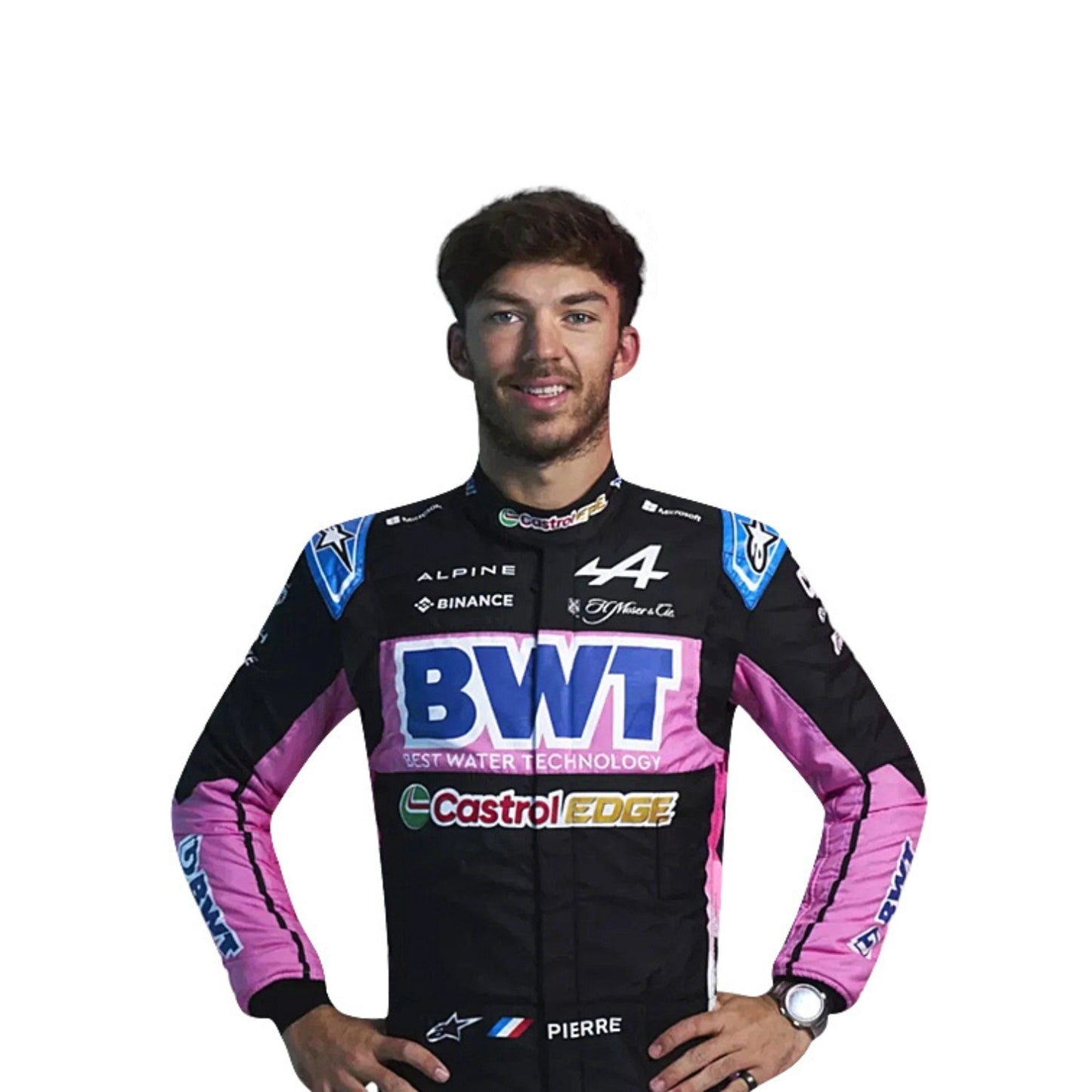 Close-up of Pierre Gasly's 2024 F1 race suit, displaying the intricate black material with pink and blue stitching and sponsor logos.