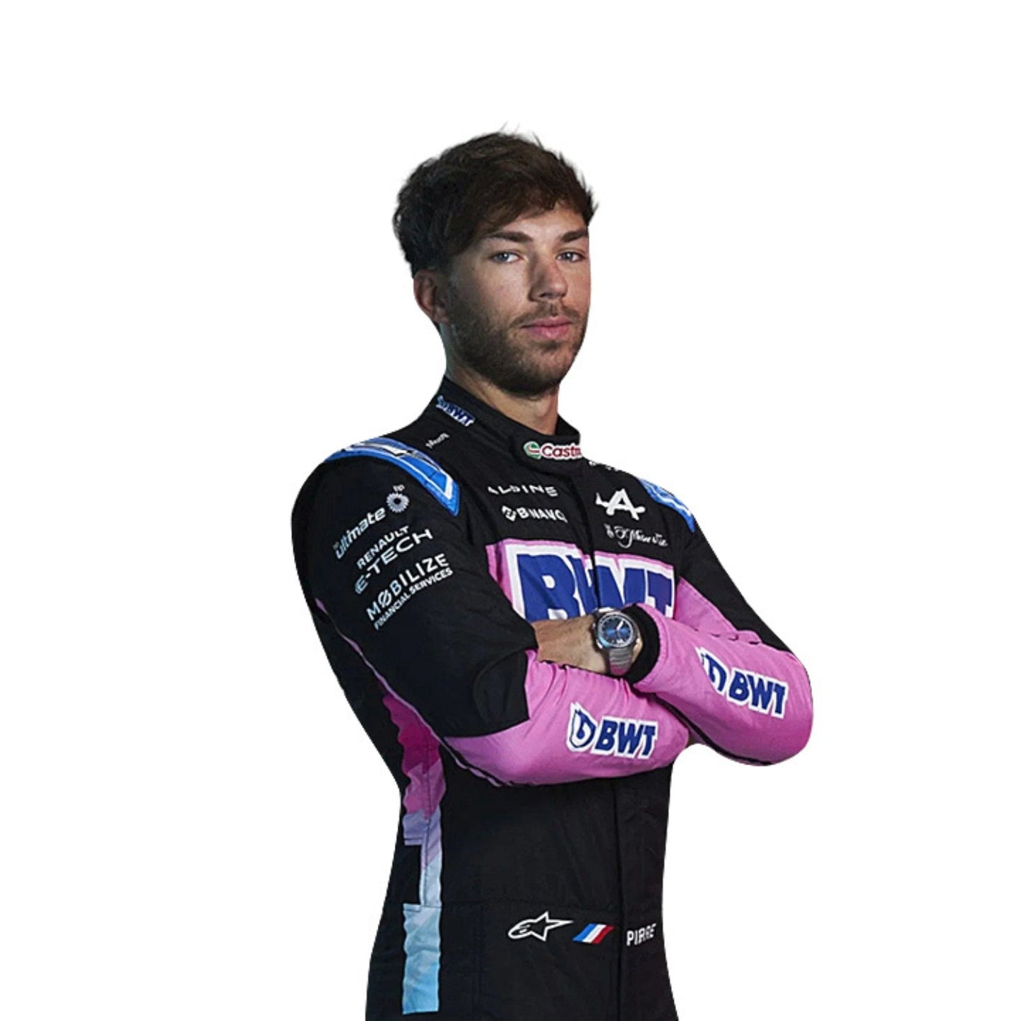 Left Side profile of Pierre Gasly's 2024 Alpine F1 racing suit, highlighting the black fabric with pink and blue stripes along the sides.