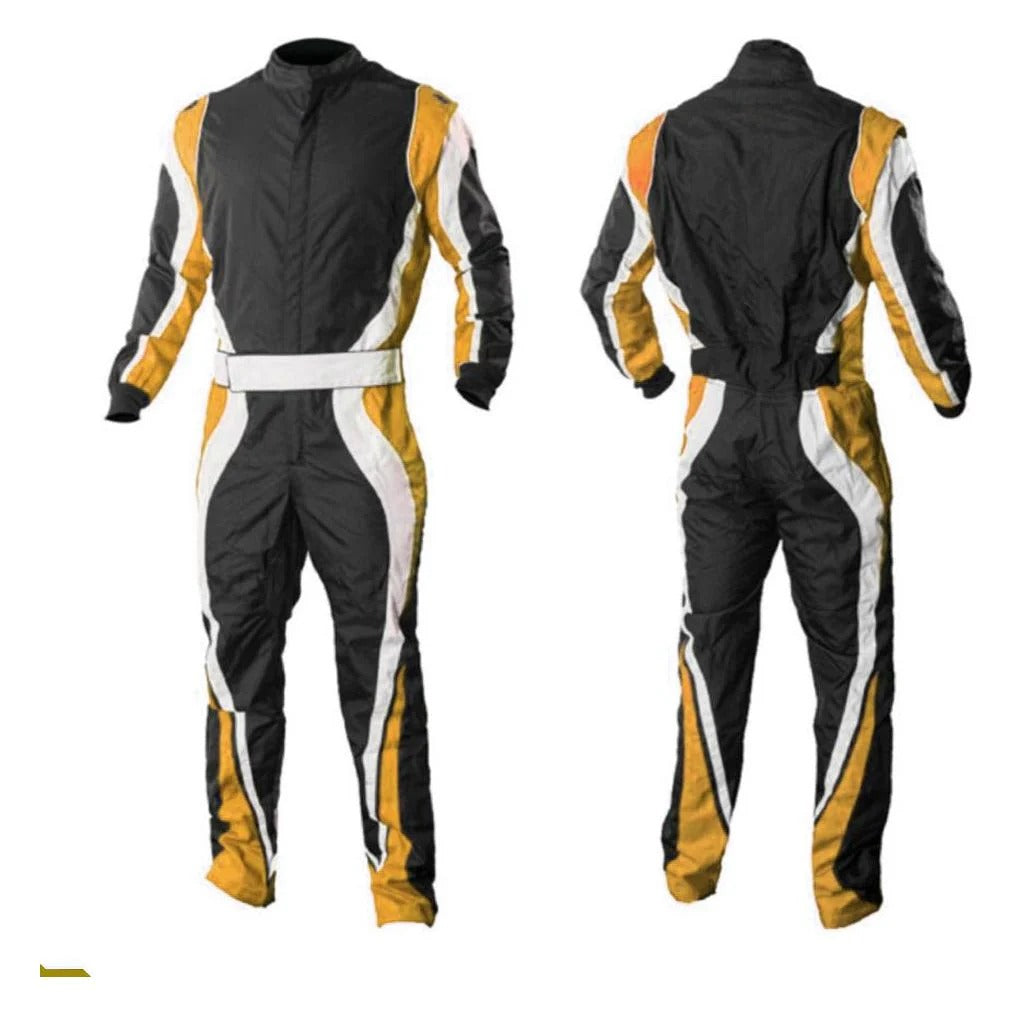 A one-piece black, gold, and white go-kart car race wear with a full zip and elasticated cuffs, displayed in both front and back views.