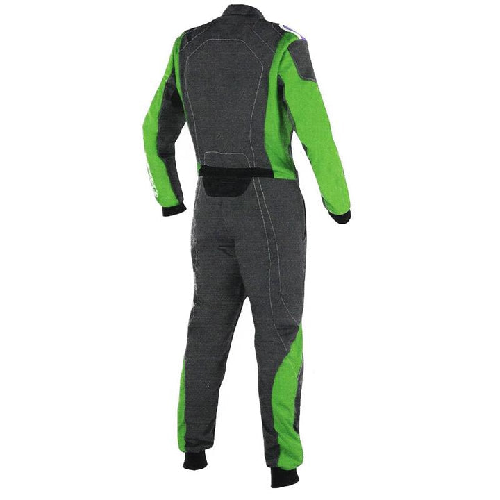 Back View of black and green go-kart racing suit featuring lightweight breathable fabric, secure zip closure, stretch panels for comfort and matching gloves & belt – custom name option available.