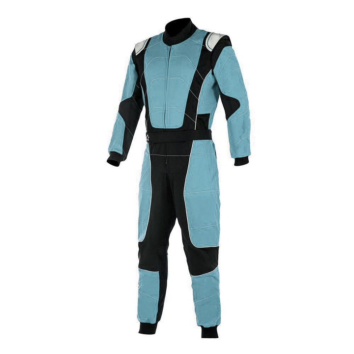 A one-piece black and light blue race suit for go-karting with a full zip and elasticated cuffs, designed for comfort and durability.