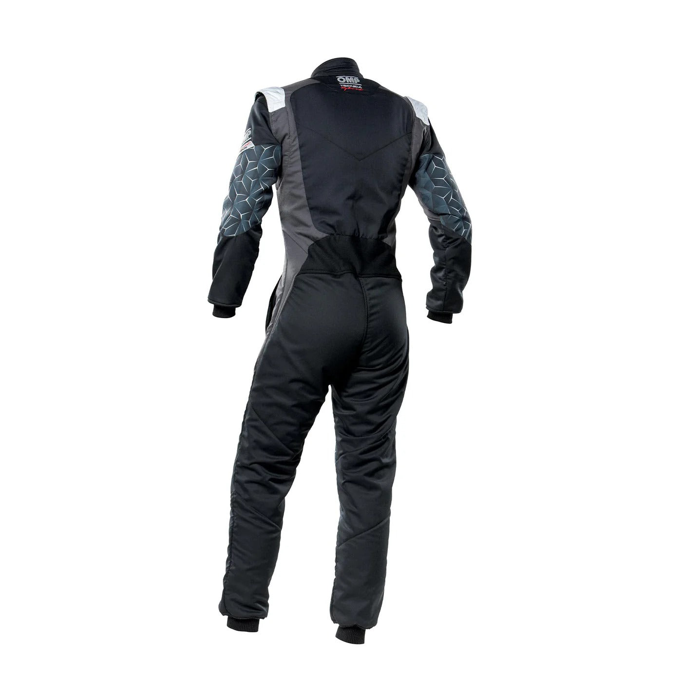 Black karting racing suit with patterned sleeves on a white background. Back view of Black OMP TECNICA HYBRID go-karting race suit featuring reinforced stitching, stretch panels, and aerodynamic design.