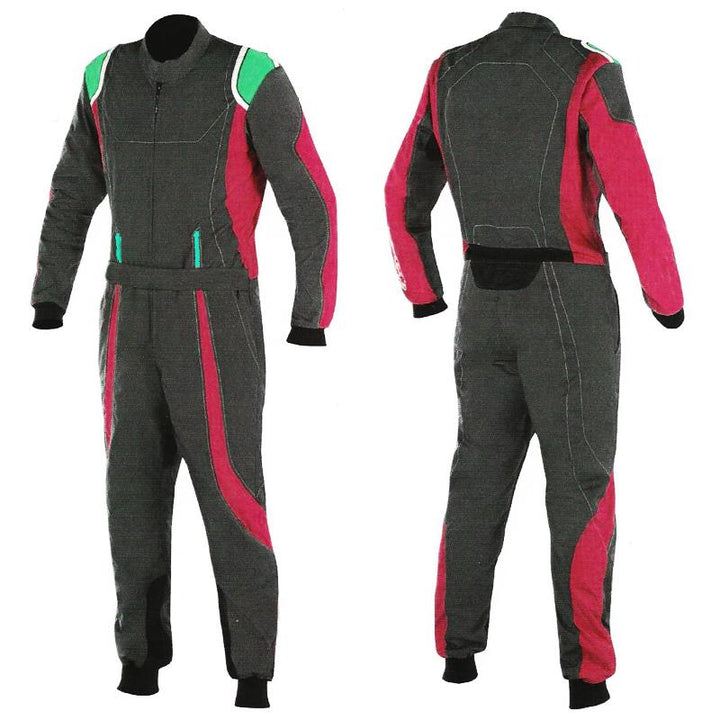 black and red karting race suit featuring lightweight breathable fabric, secure zip closure, stretch panels for comfort and matching gloves & belt – custom name option available.