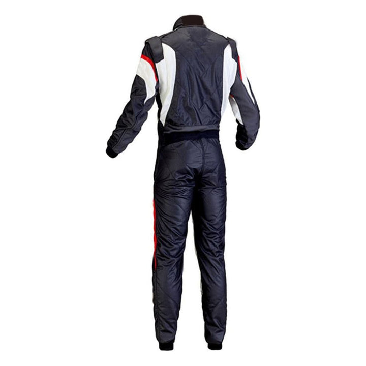Back View Of black and white Cordura one-piece kart race suit