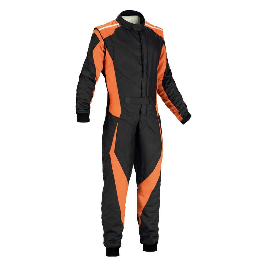 Front of Professional Black/Orange Go-Kart Driver Racing Suit – Durable Motorsport Gear with Full-Body Protection, Comfortable Karting Wear for Men, Women and Youth