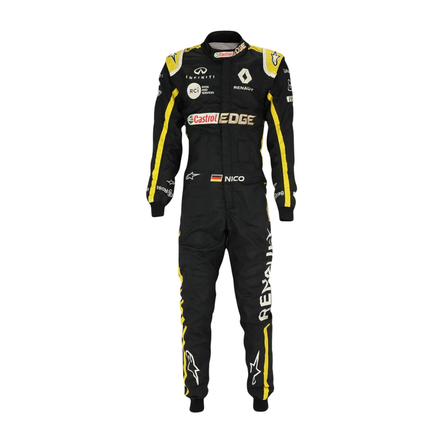 Front view of Carlos Sainz’s 2018 F1 racing suit, showcasing sponsor logos, ergonomic fit, and premium embroidery for superior performance and comfort during races.