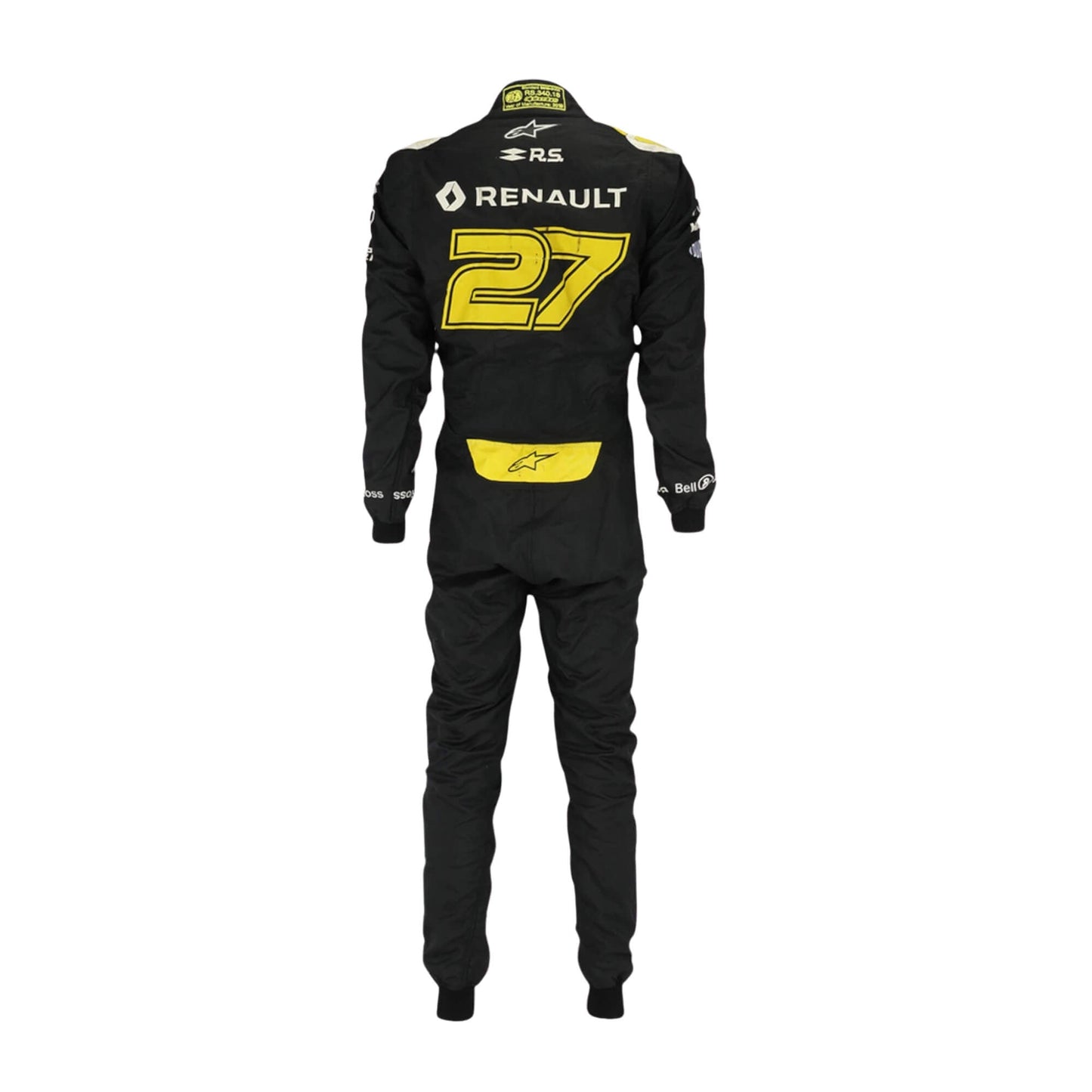 Back view of Carlos Sainz’s 2018 F1 racing suit, emphasizing sponsor logos and the lightweight, breathable design for flexibility and comfort throughout high-speed races.
