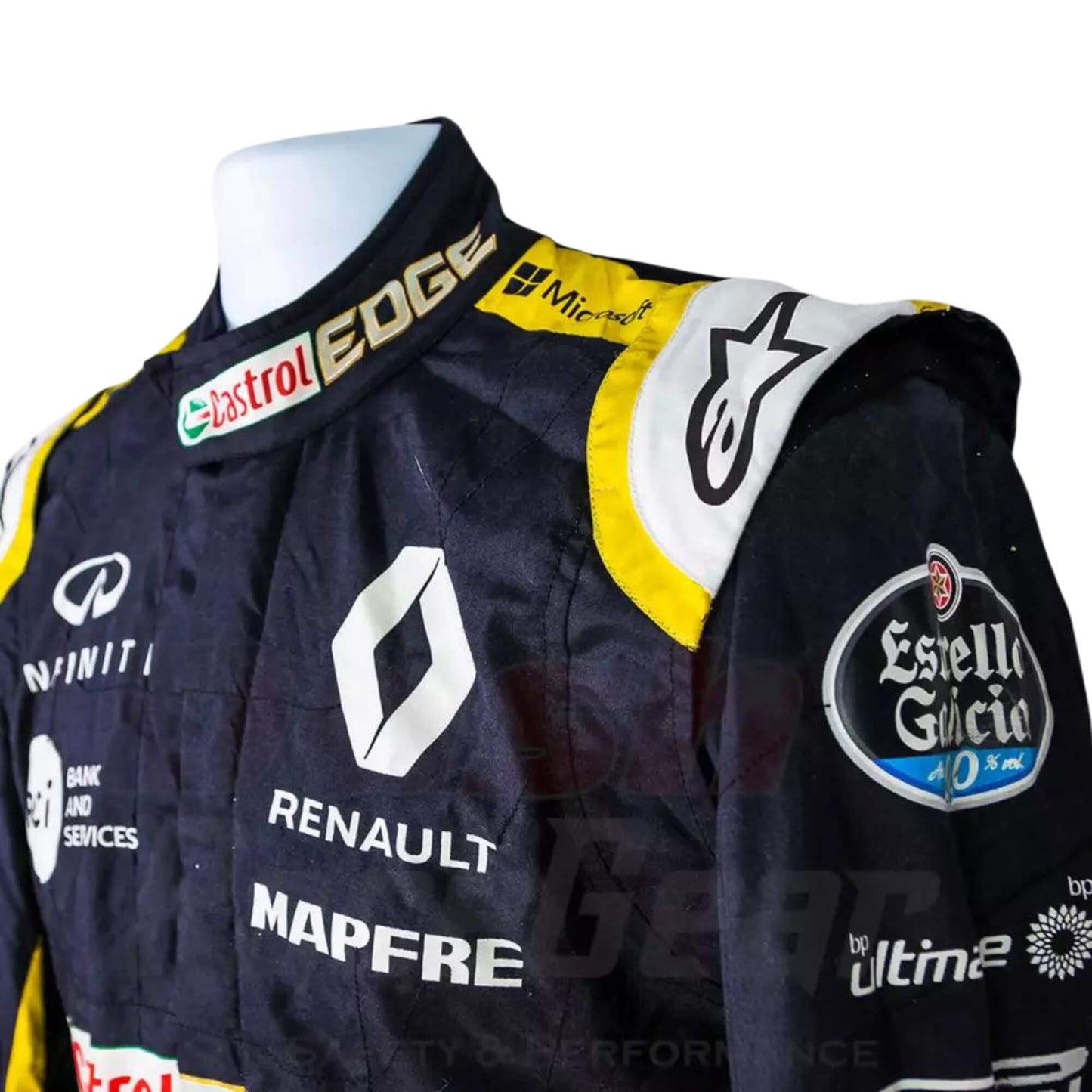 Close-up of the shoulder area of Carlos Sainz’s 2018 F1 racing suit, featuring embroidered sponsor logos and breathable fabric for enhanced comfort during races.