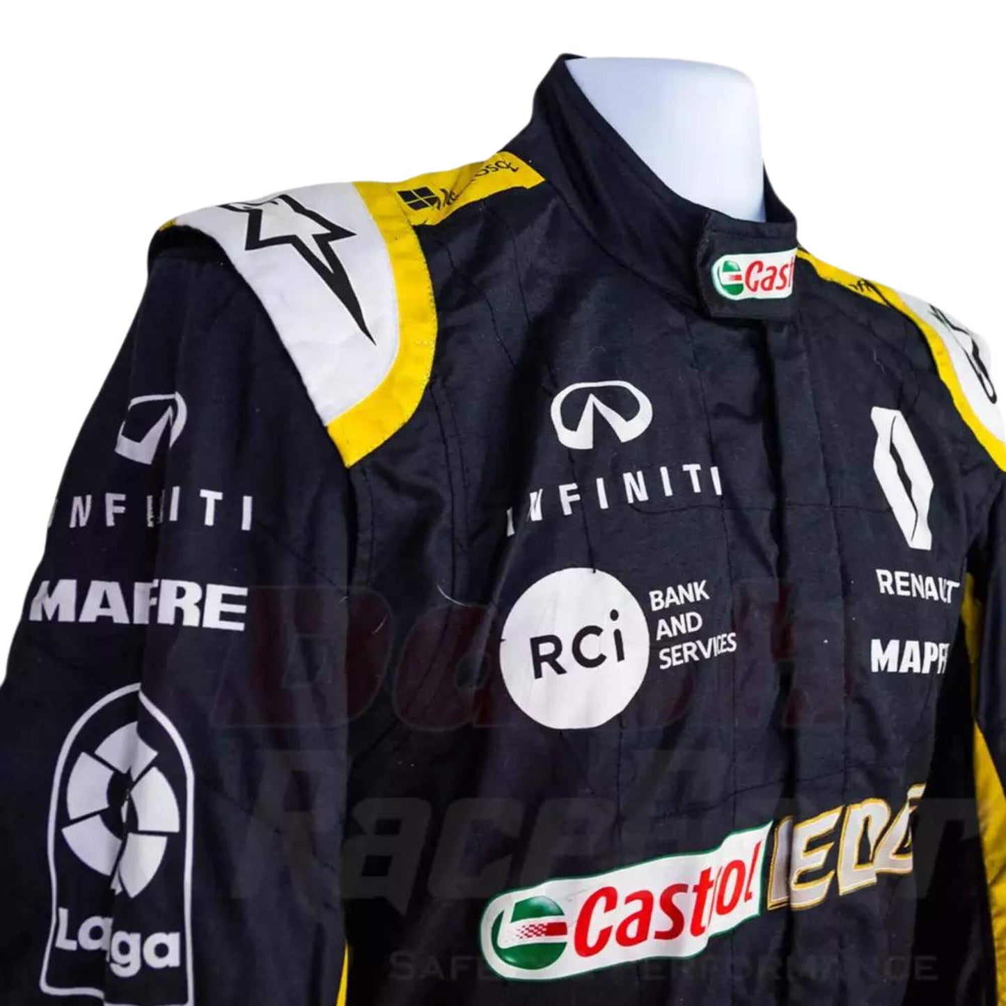 Close-up of the shoulder area of Carlos Sainz’s 2018 F1 racing suit, featuring embroidered sponsor logos and breathable fabric for enhanced comfort during races.