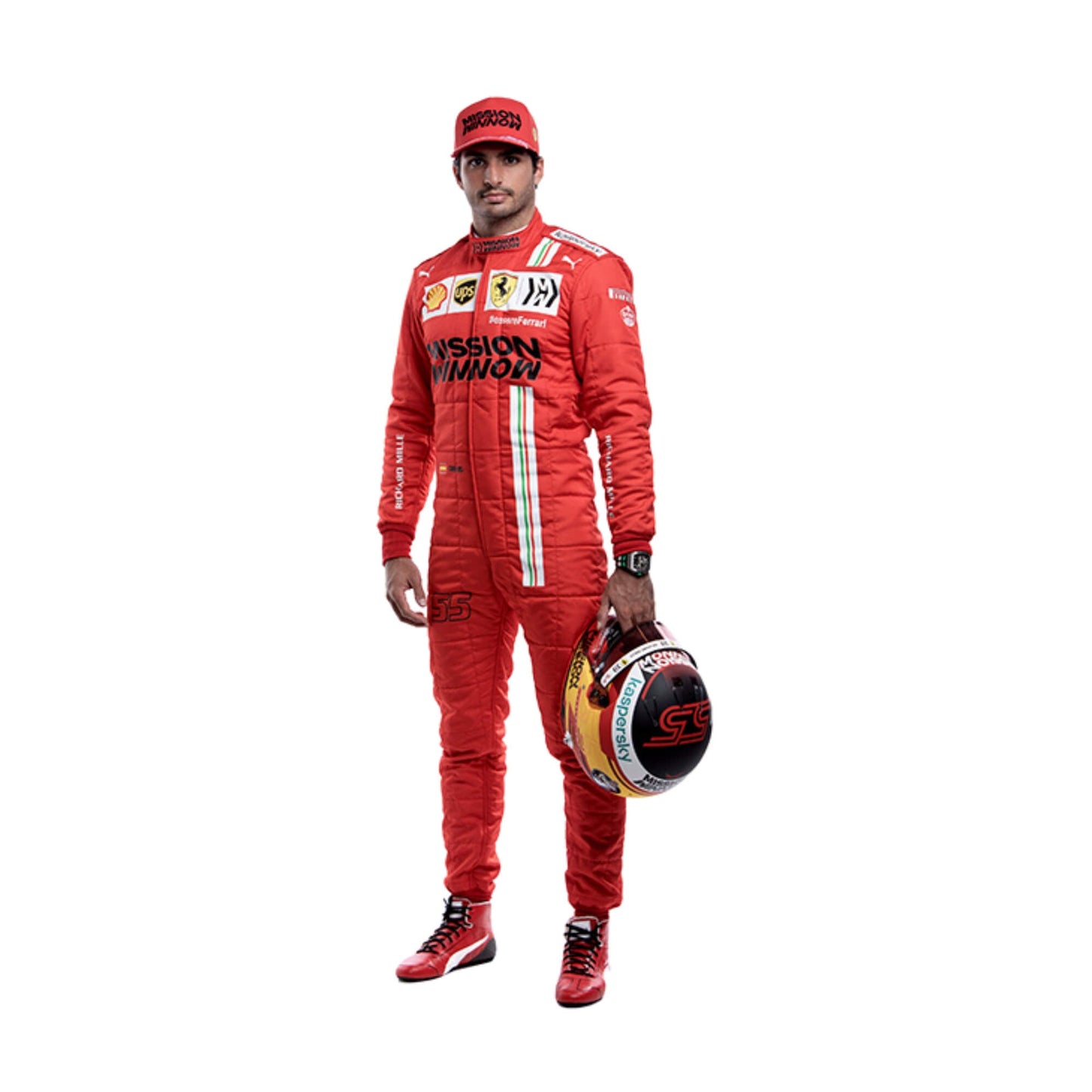 Front view of Carlos Sainz's 2021 F1 racing suit, featuring sleek design, vibrant sponsor logos, and a performance-focused fit.