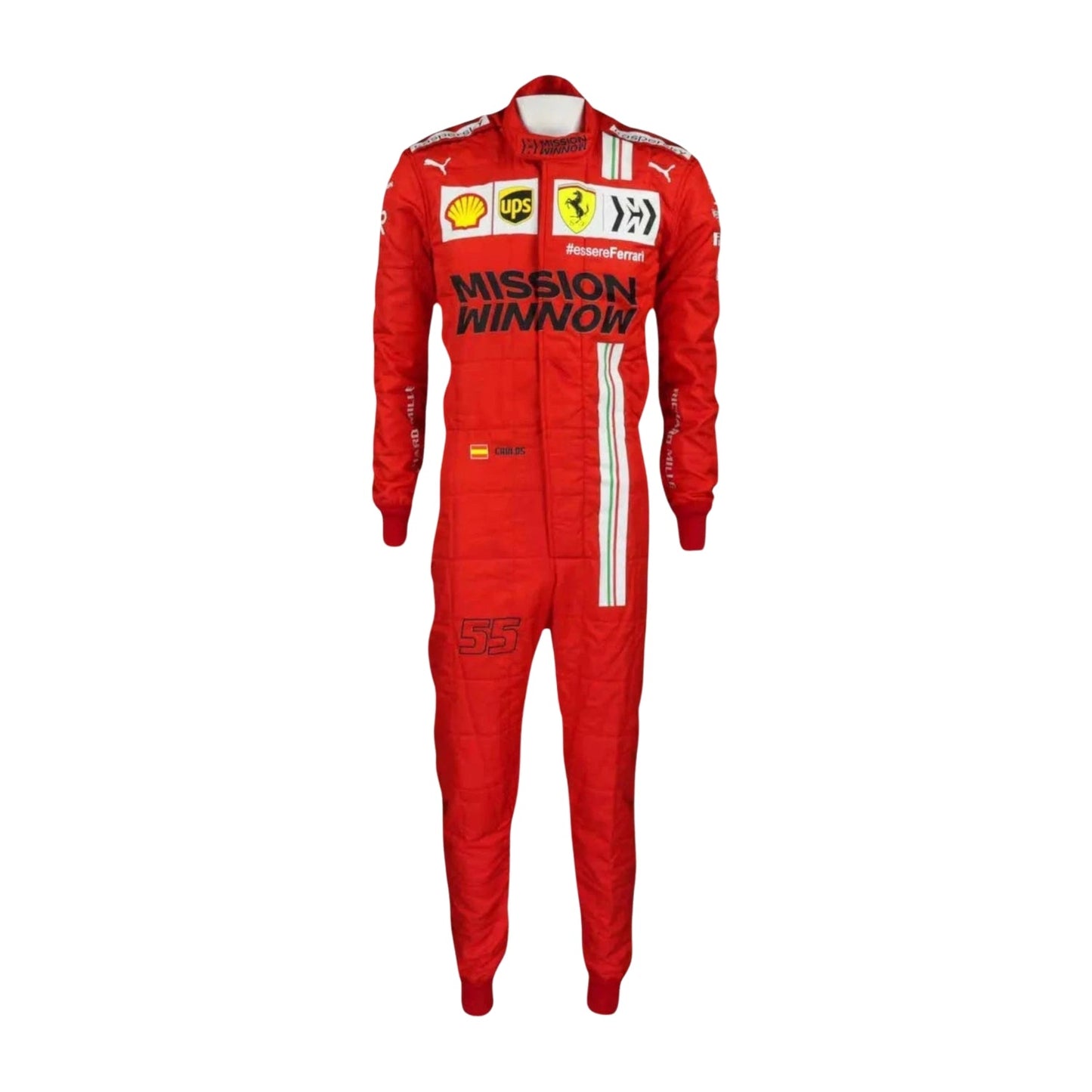 Front view of Carlos Sainz's 2021 F1 racing suit, featuring sleek design, vibrant sponsor logos, and a performance-focused fit.