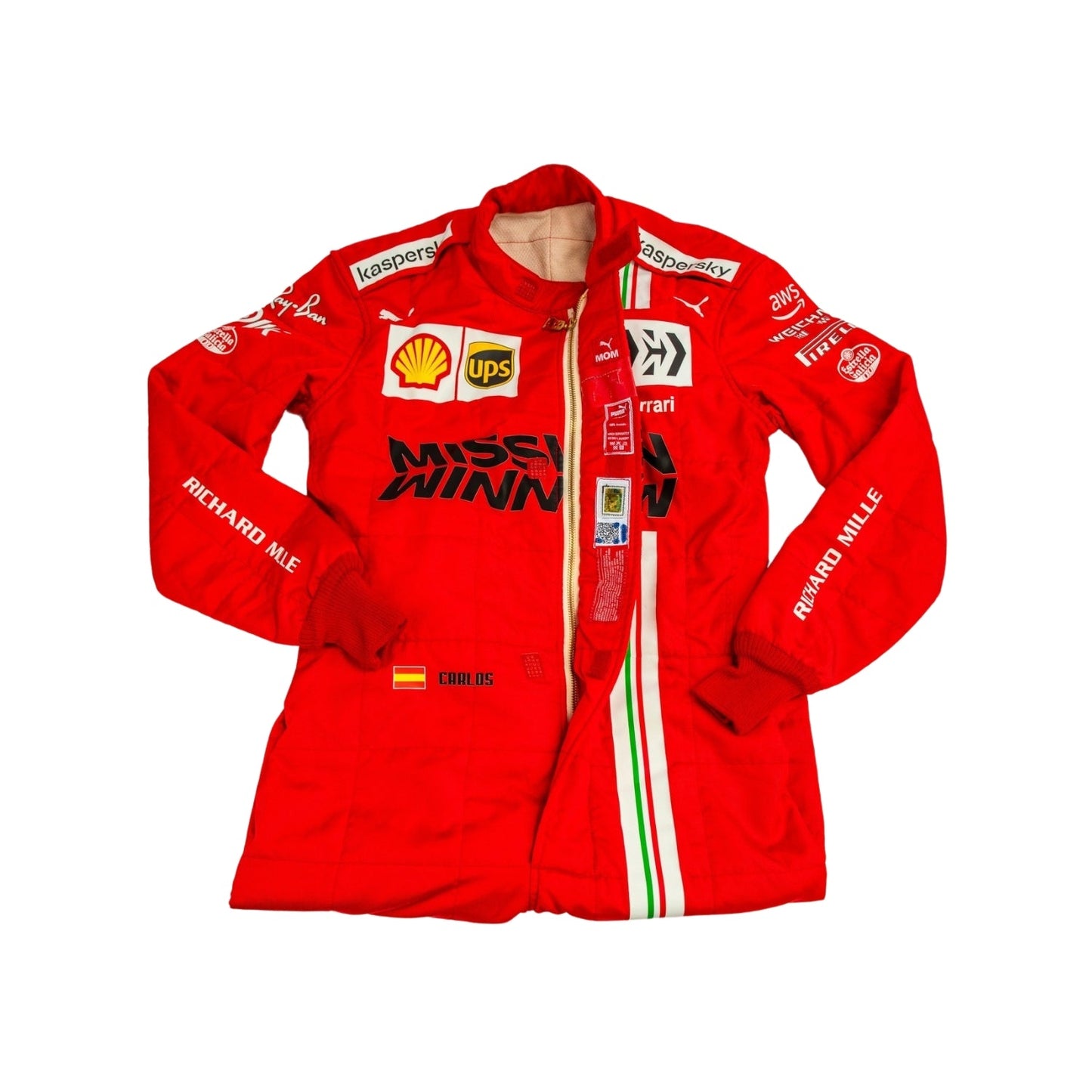 Close-up of the fabric and stitching of Carlos Sainz's 2021 F1 racing suit, emphasizing durability and precision craftsmanship.