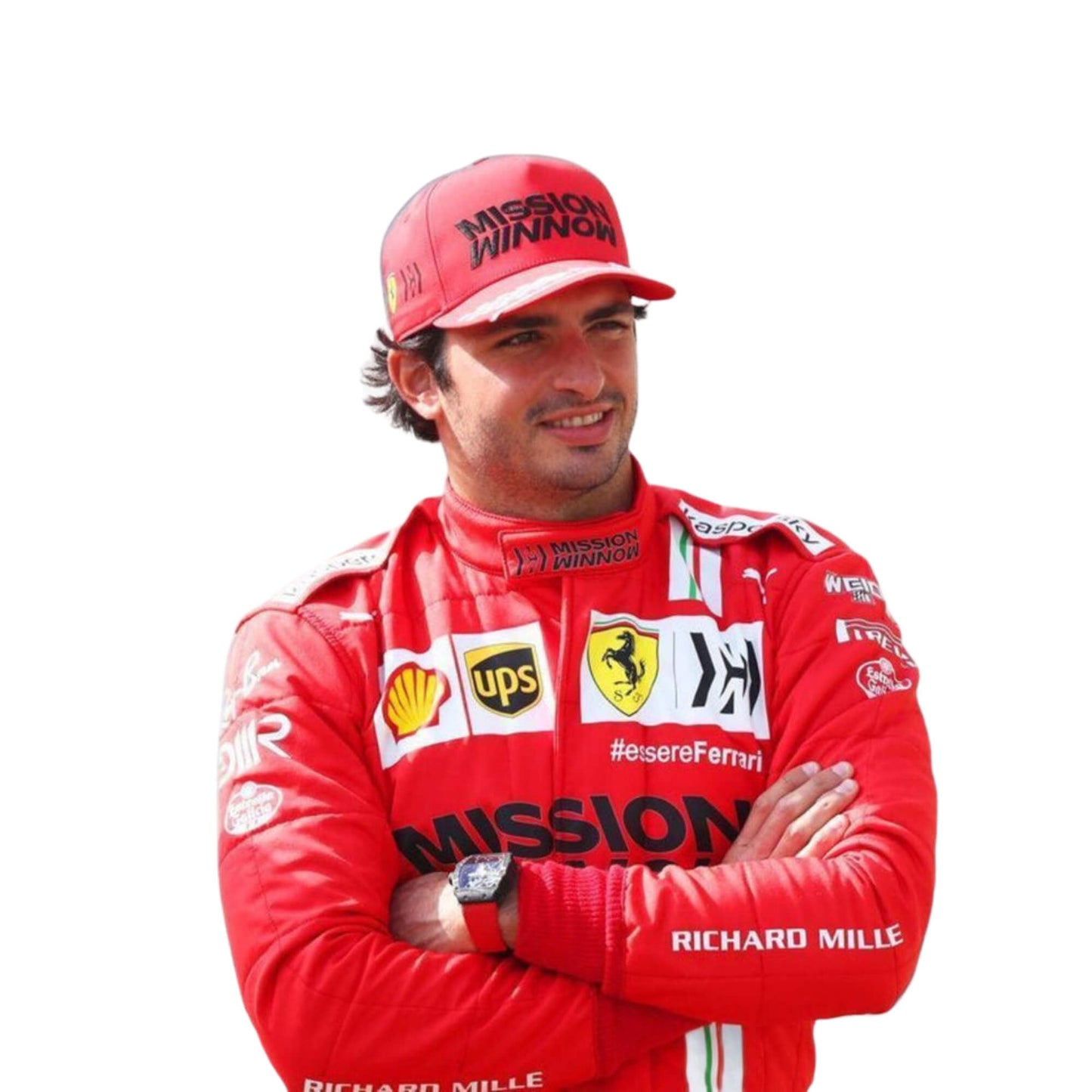 Close-up of the fabric and stitching of Carlos Sainz's 2021 F1 racing suit, emphasizing durability and precision craftsmanship.