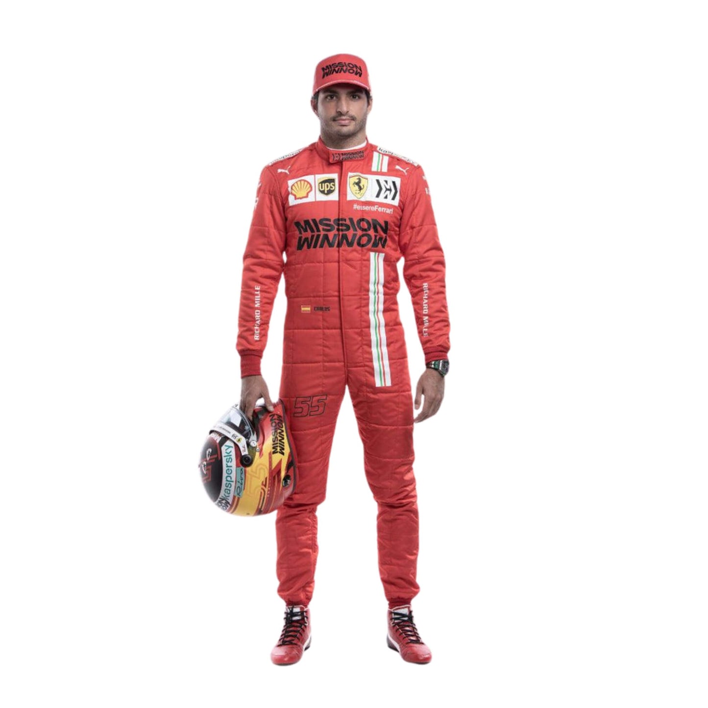 Front view of Carlos Sainz's 2021 F1 racing suit, featuring sleek design, vibrant sponsor logos, and a performance-focused fit.