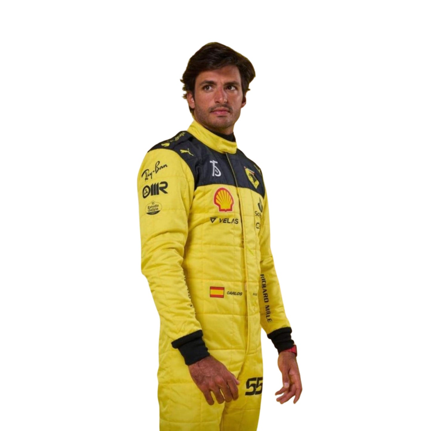 Side profile of Carlos Sainz 2022 75th Anniversary suit – streamlined fit and heritage-inspired elements