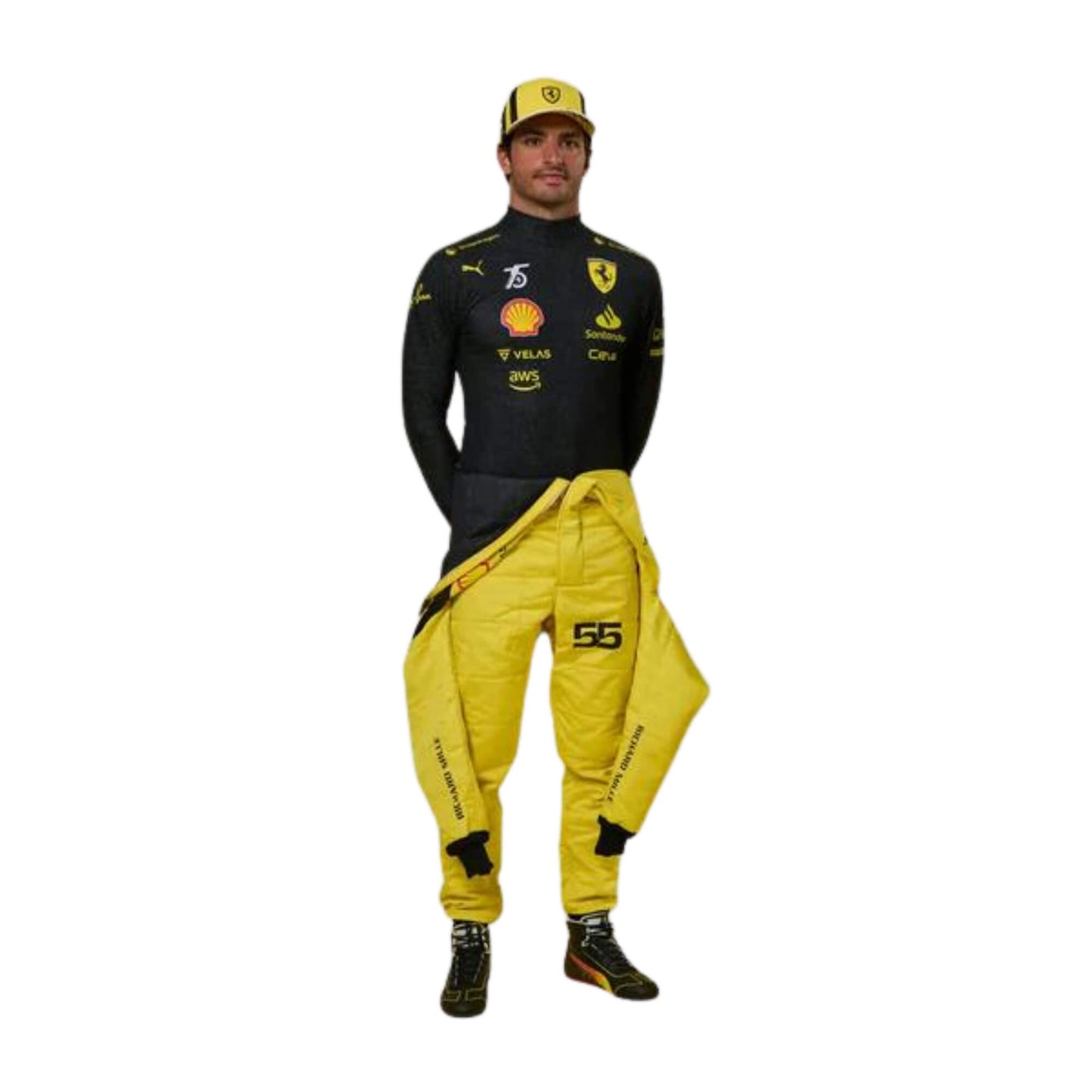 High-resolution image of Carlos Sainz 2022 75th Anniversary racing suit – ideal for motorsport display or fan collections.