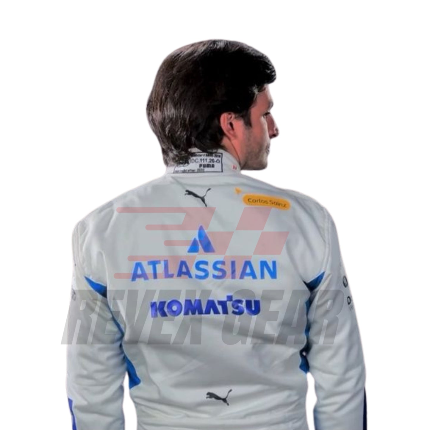 Rear view of Carlos Sainz Jr's 2025 Monaco GP racing suit, featuring his name, number 55, and team insignia.