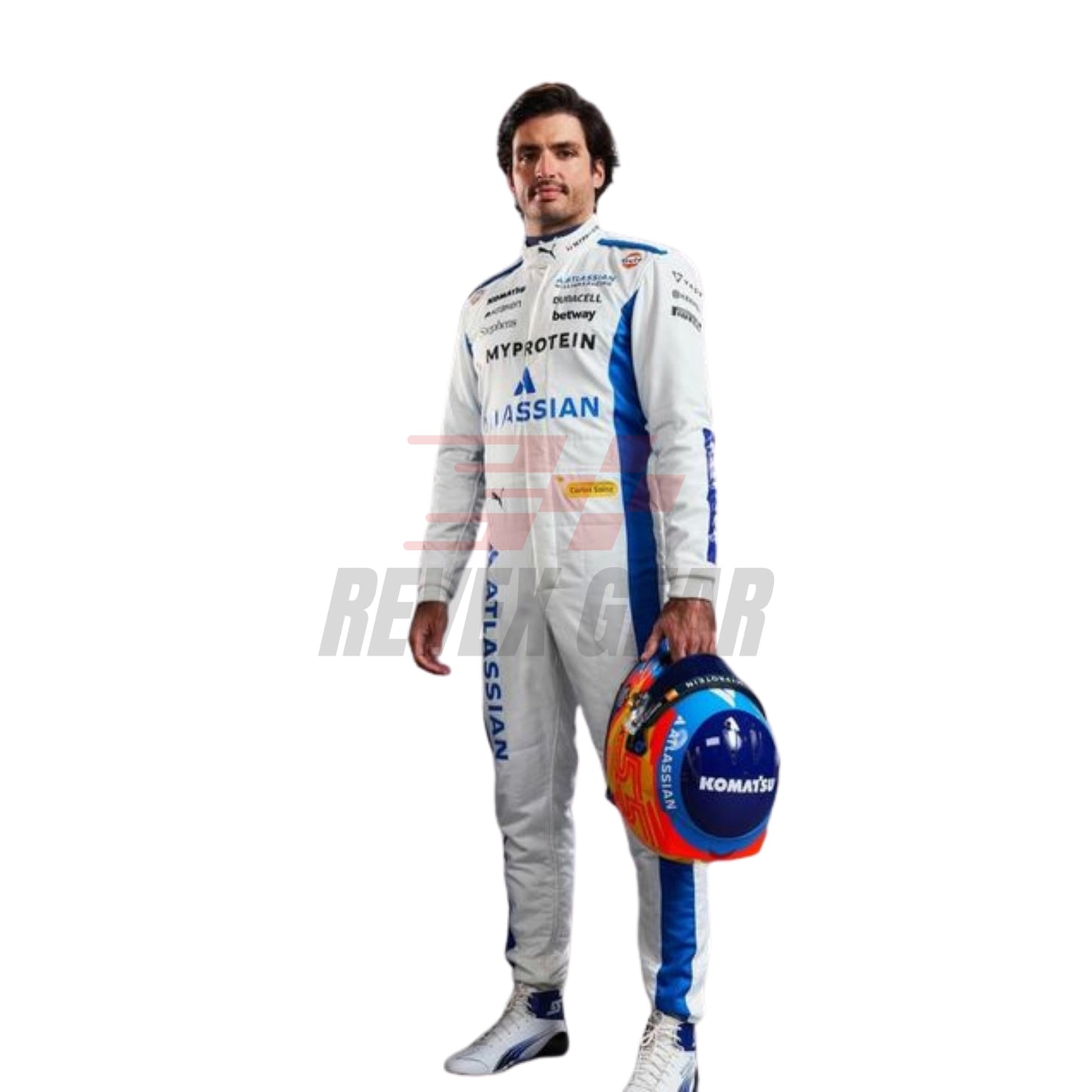 Carlos Sainz Jr in his 2025 Monaco GP racing suit, displaying the front with team colors.