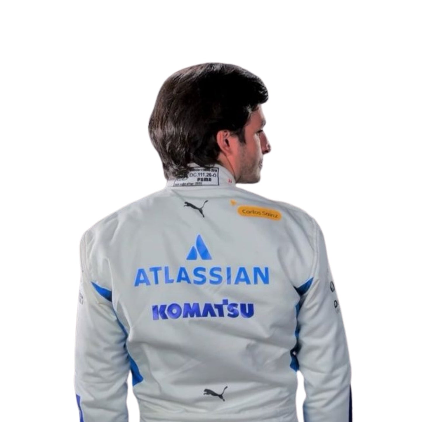 Rear view of the Carlos Sainz 2025 F1 racing suit with aerodynamic paneling and customized print