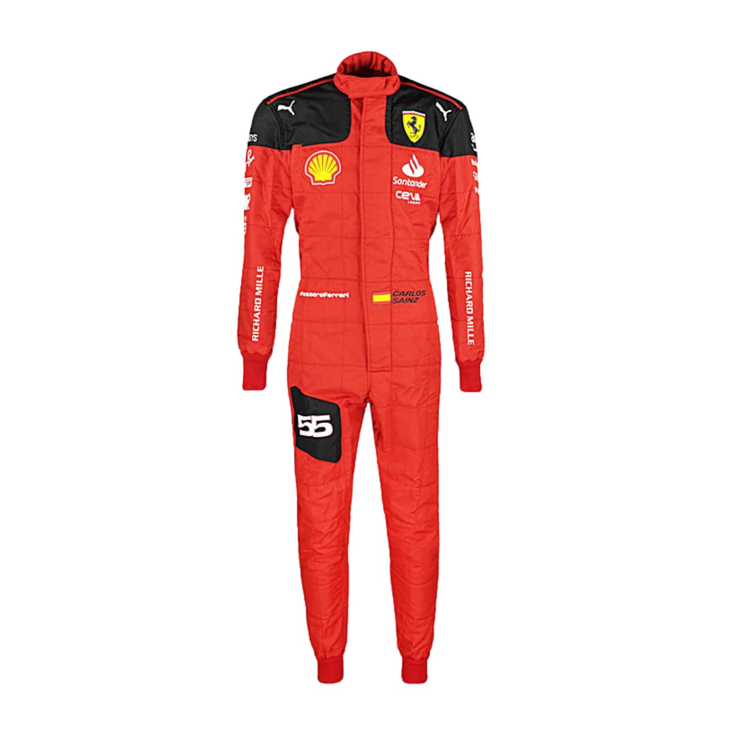 Carlos Sainz Jr.'s 2023 F1 racing suit front view featuring a vibrant red base with black accents on the shoulders and sides, complemented by sponsor logos, showcasing a sleek and modern design.