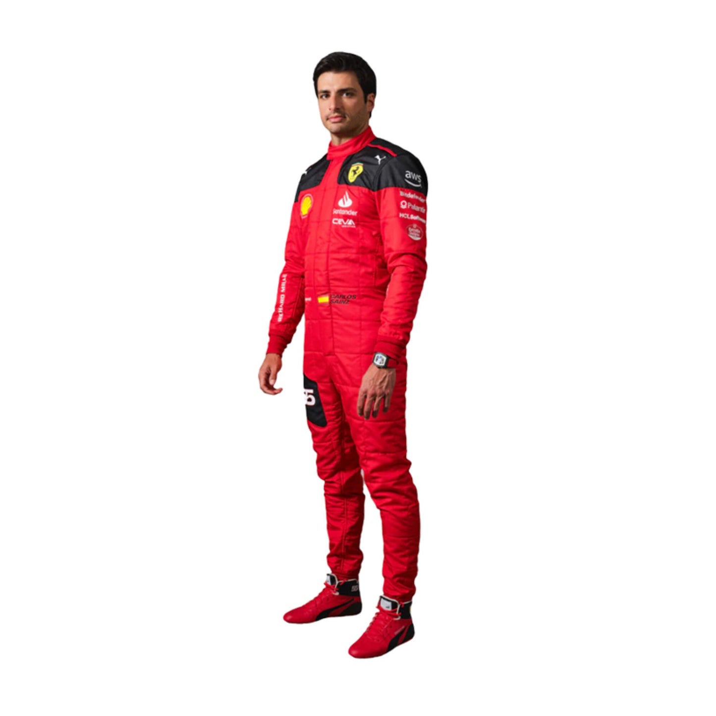 Side profile of Carlos Sainz Jr.'s 2023 racing suit highlighting the black side panels against the red base, with sponsor details on the arms and legs, emphasizing the suit's tailored fit.