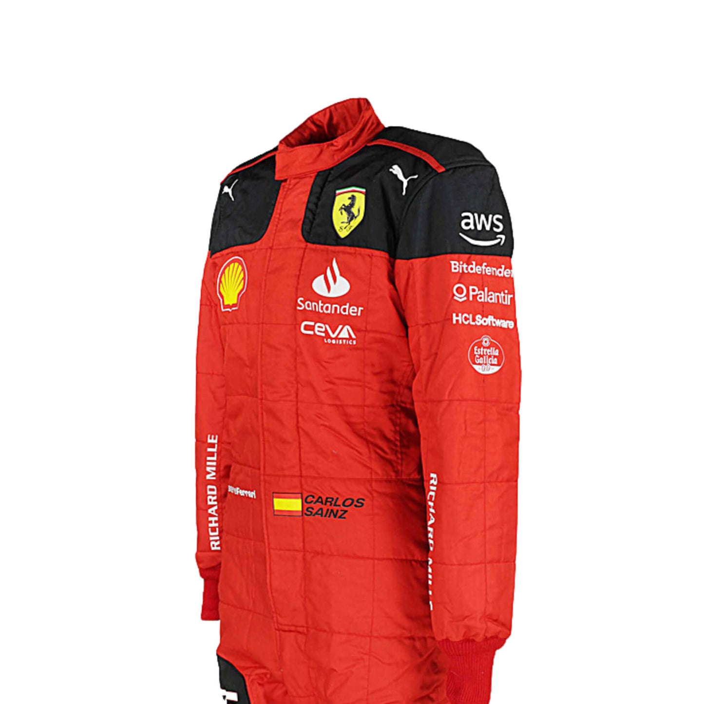 Right Side profile of Carlos Sainz Jr.'s 2023 racing suit highlighting the black side panels against the red base, with sponsor details on the arms and legs, emphasizing the suit's tailored fit.