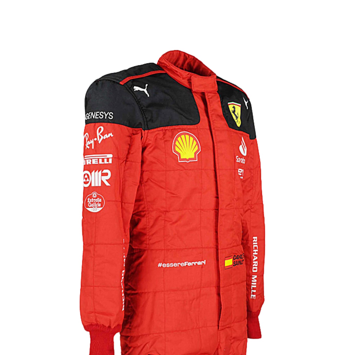 Left Side profile of Carlos Sainz Jr.'s 2023 racing suit highlighting the black side panels against the red base, with sponsor details on the arms and legs, emphasizing the suit's tailored fit.