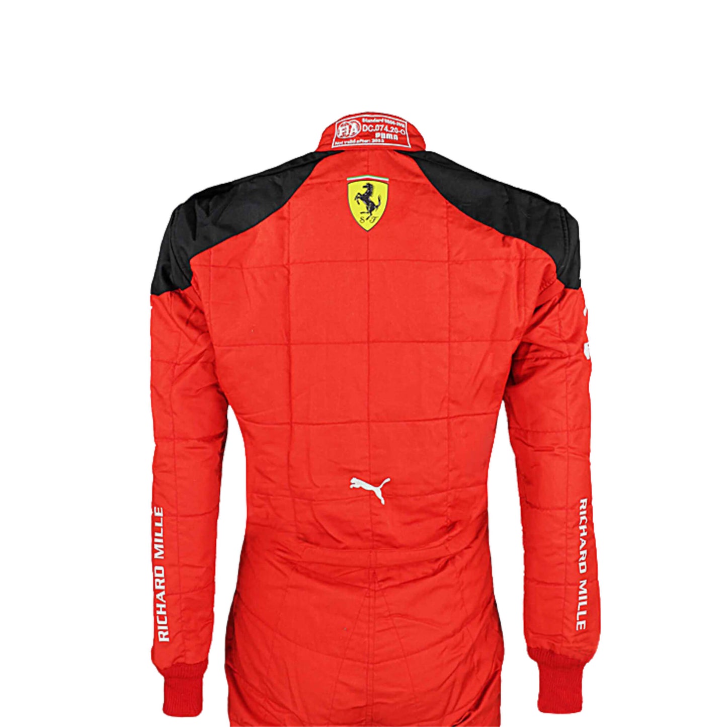 Rear view of Sainz's 2023 racing suit displaying the continuation of the red and black color scheme with prominently placed sponsor logos and aerodynamic paneling.