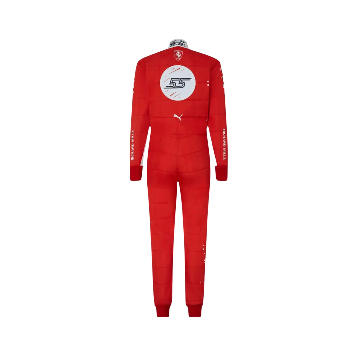 Rear view of Sainz's 2023 Las Vegas Grand Prix racing suit displaying the continuation of the red and white color scheme with prominently placed sponsor logos and aerodynamic paneling.
