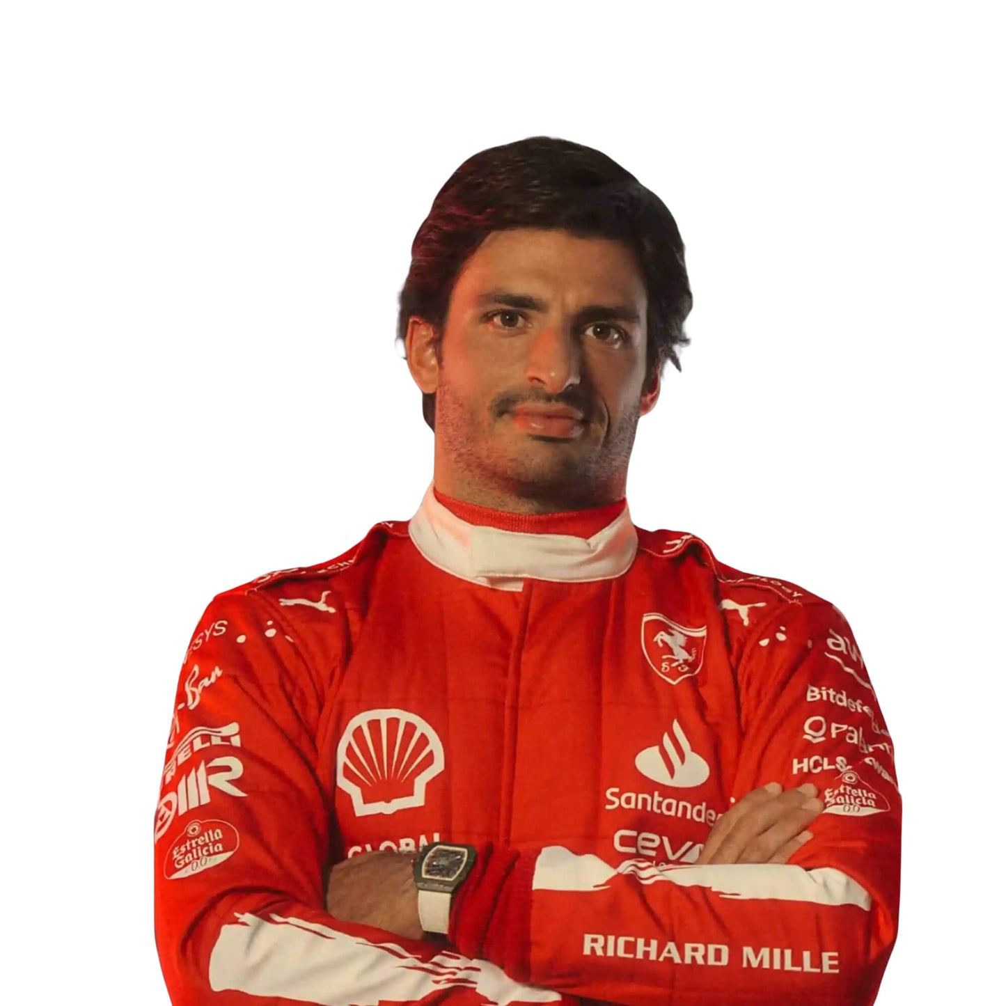 Close-up of Sainz's 2023 Las Vegas Grand Prix F1 racing suit fabric texture and stitched sponsor logos, detailing the high-quality materials and the integration of the red and white color palette.