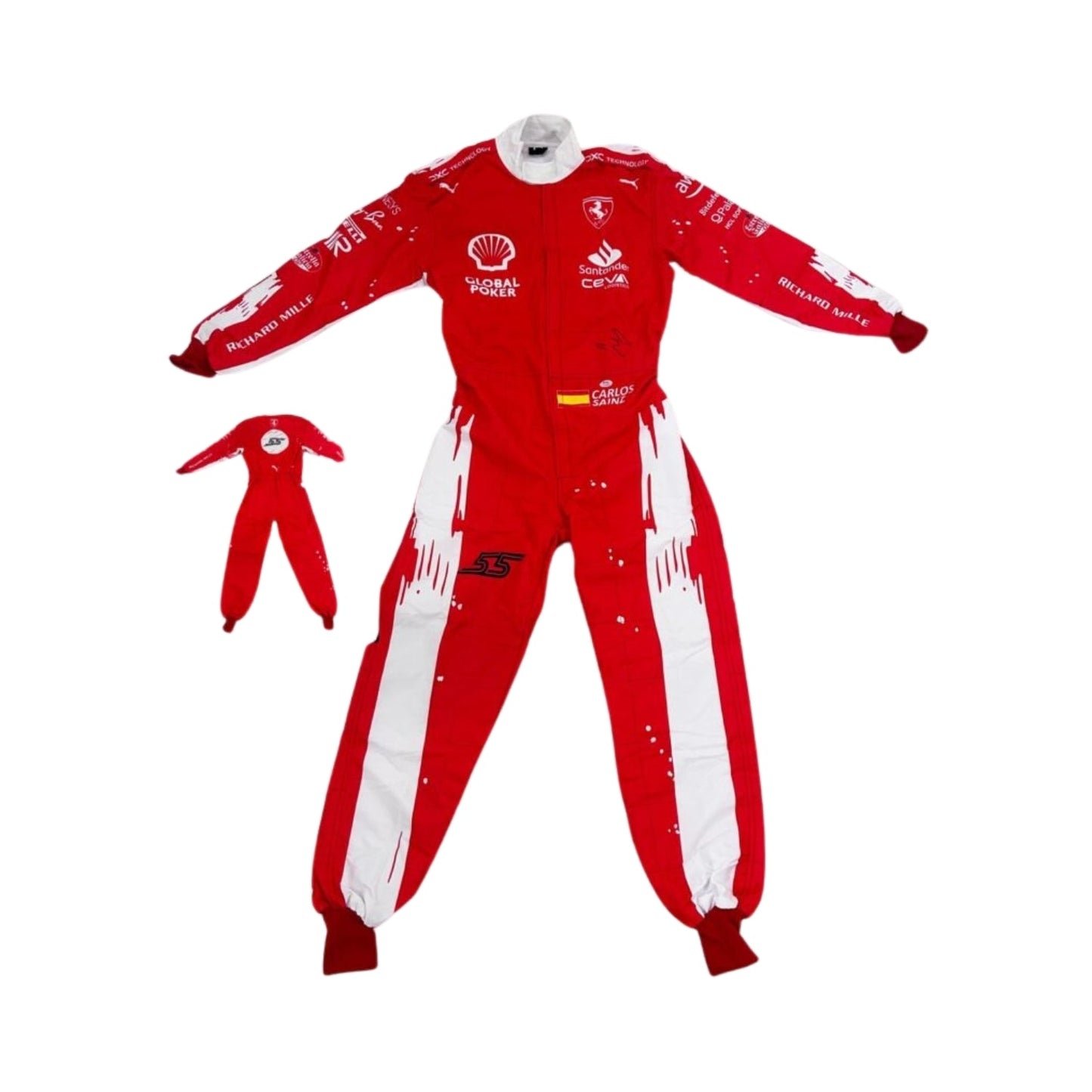 Carlos Sainz Jr.'s 2023 Las Vegas Grand Prix F1 racing suit front view featuring a vibrant red base with white accents on the shoulders and sides, complemented by sponsor logos, showcasing a sleek and modern design.