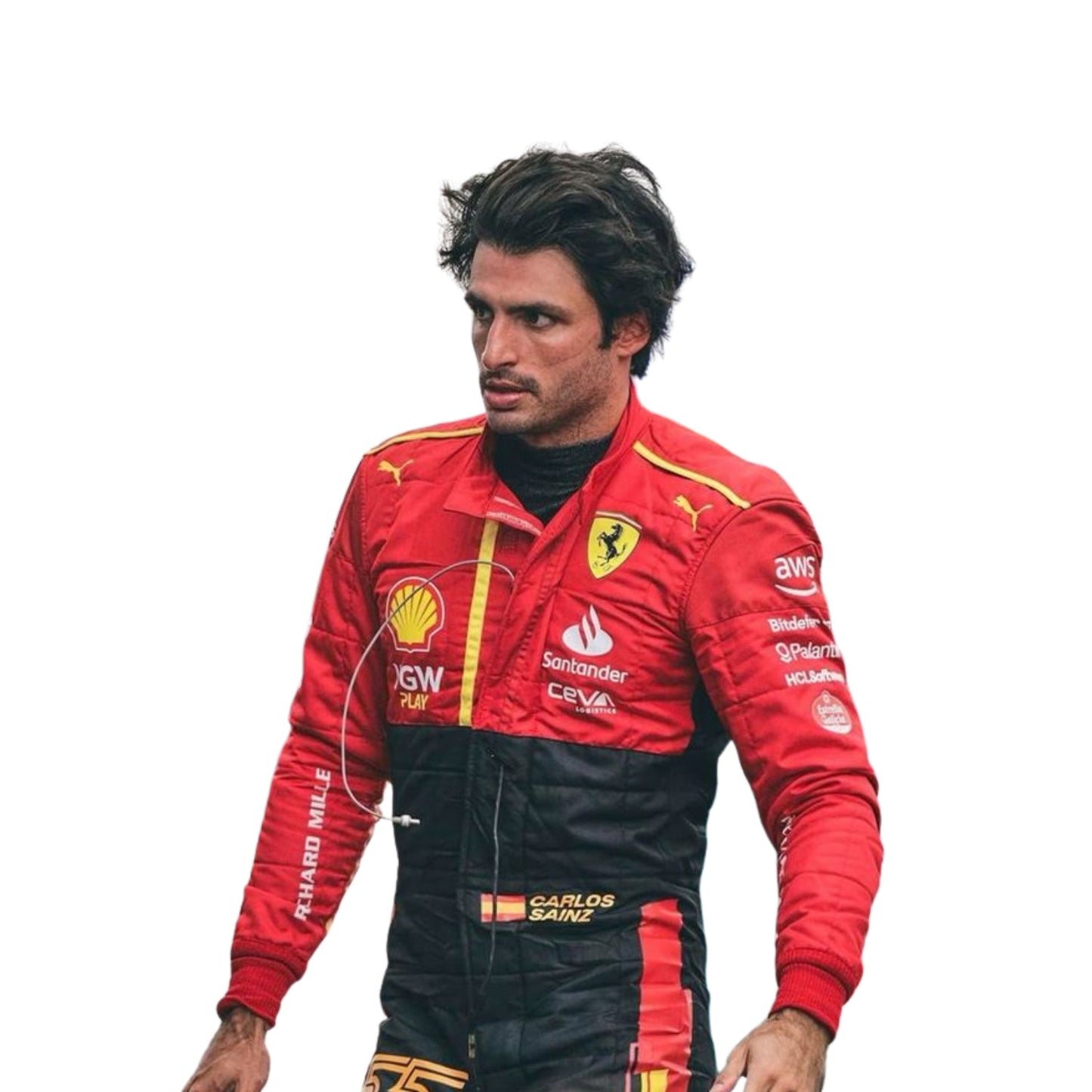 Close-up view of Sainz’s 2023 Spain GP F1 suit, revealing stitched logos, color gradients, and premium race fabric designed for maximum performance and style.