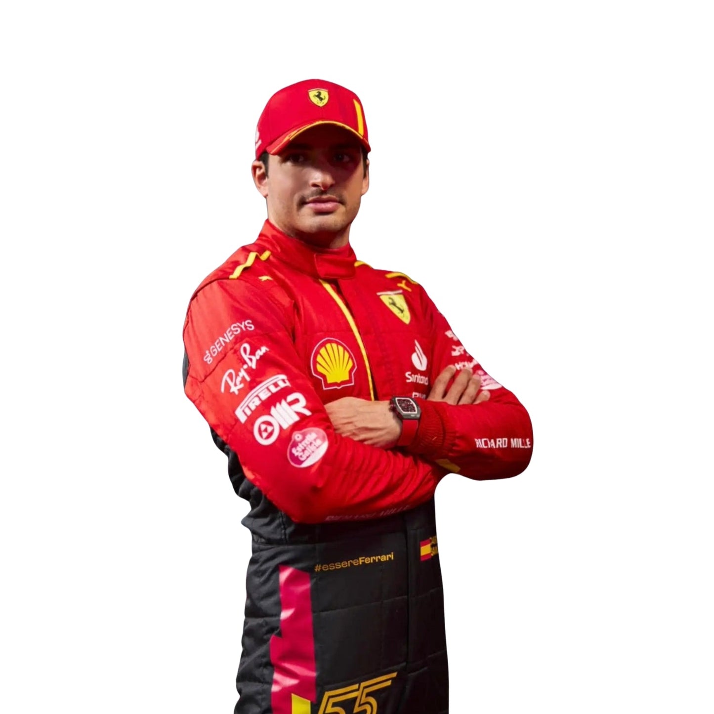 Close-up view of Sainz’s 2023 Spain GP F1 suit, revealing stitched logos, color gradients, and premium race fabric designed for maximum performance and style.