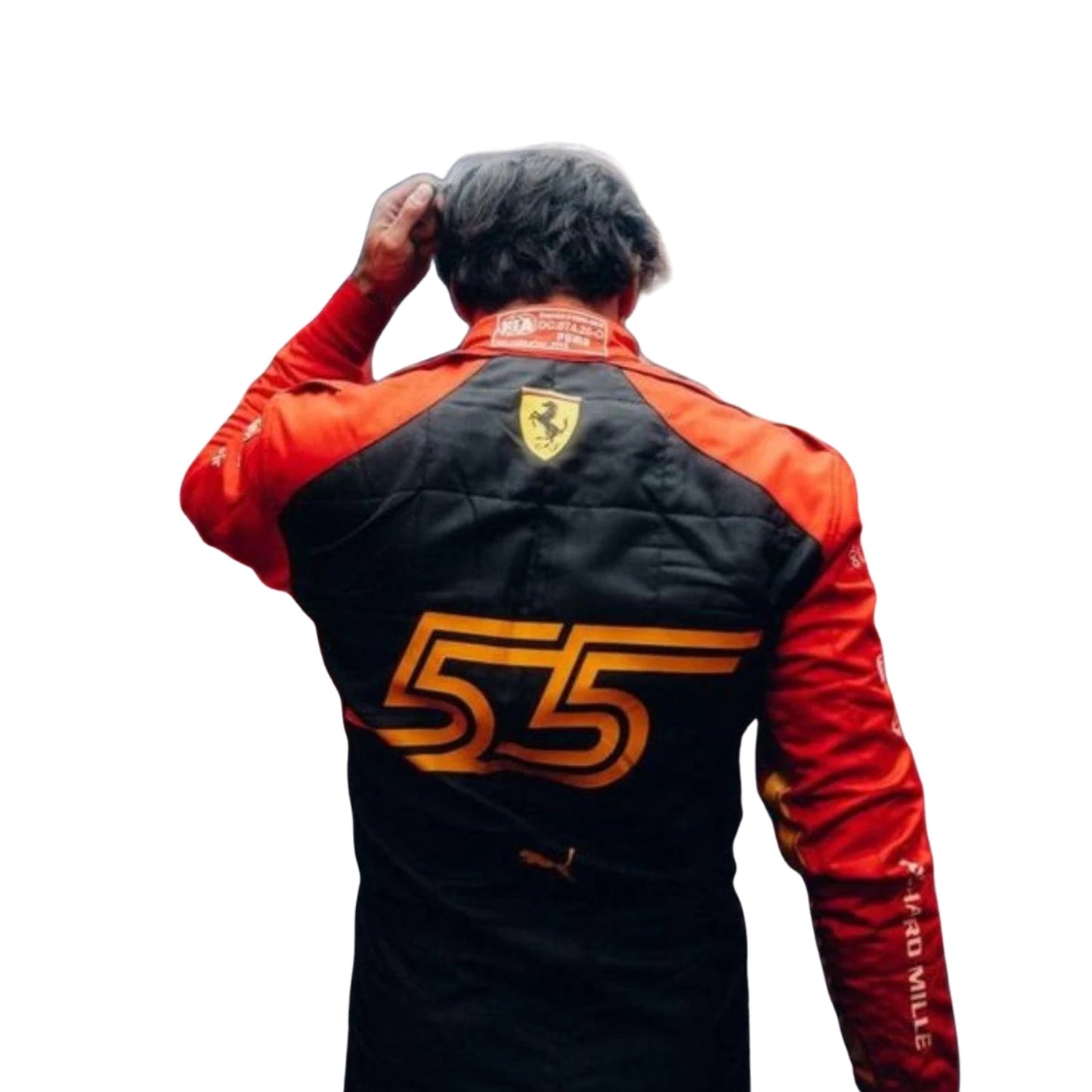 Rear view of Sainz’s Spanish Grand Prix suit from 2023, featuring vibrant red fabric with custom driver and sponsor branding designed for the Barcelona race.