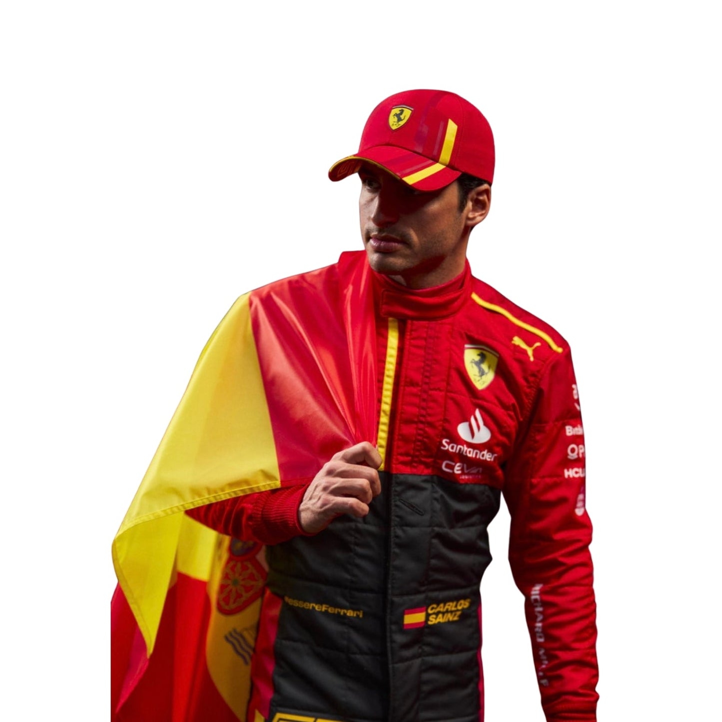 Close-up view of Sainz’s 2023 Spain GP F1 suit, revealing stitched logos, color gradients, and premium race fabric designed for maximum performance and style.