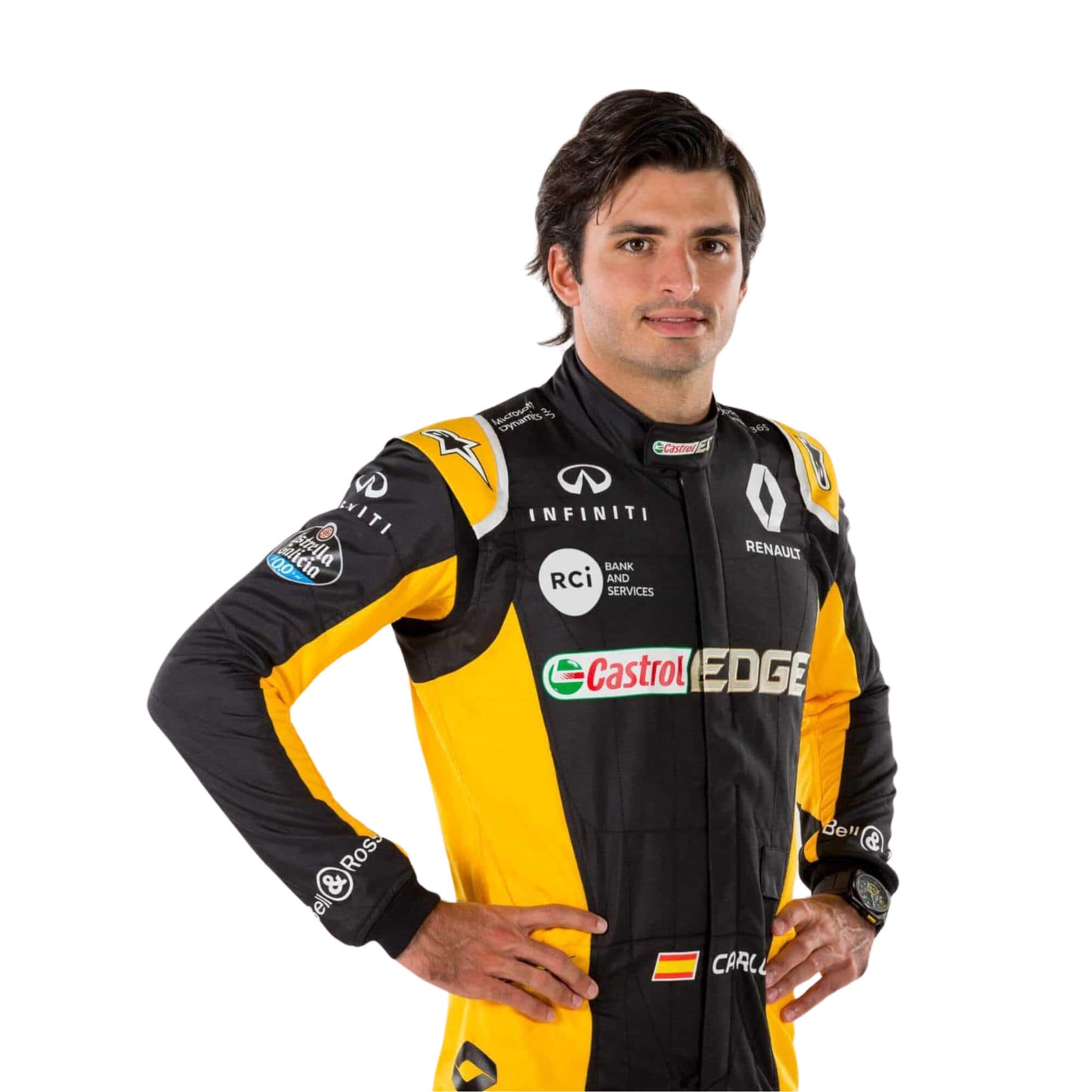 Close-up of the chest area of Carlos Sainz’s 2017 USA GP F1 racing suit, focusing on embroidered sponsor logos and lightweight fabric for optimal breathability.