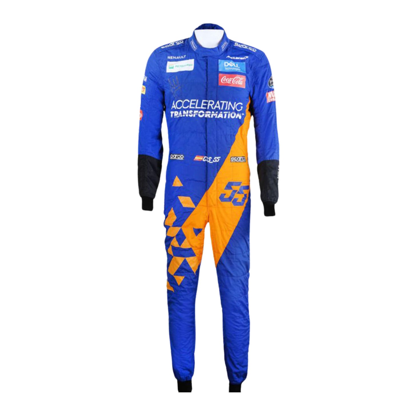 Front view of Carlos Sainz 2019 F1 racing suit in high resolution – vibrant look with iconic race elements