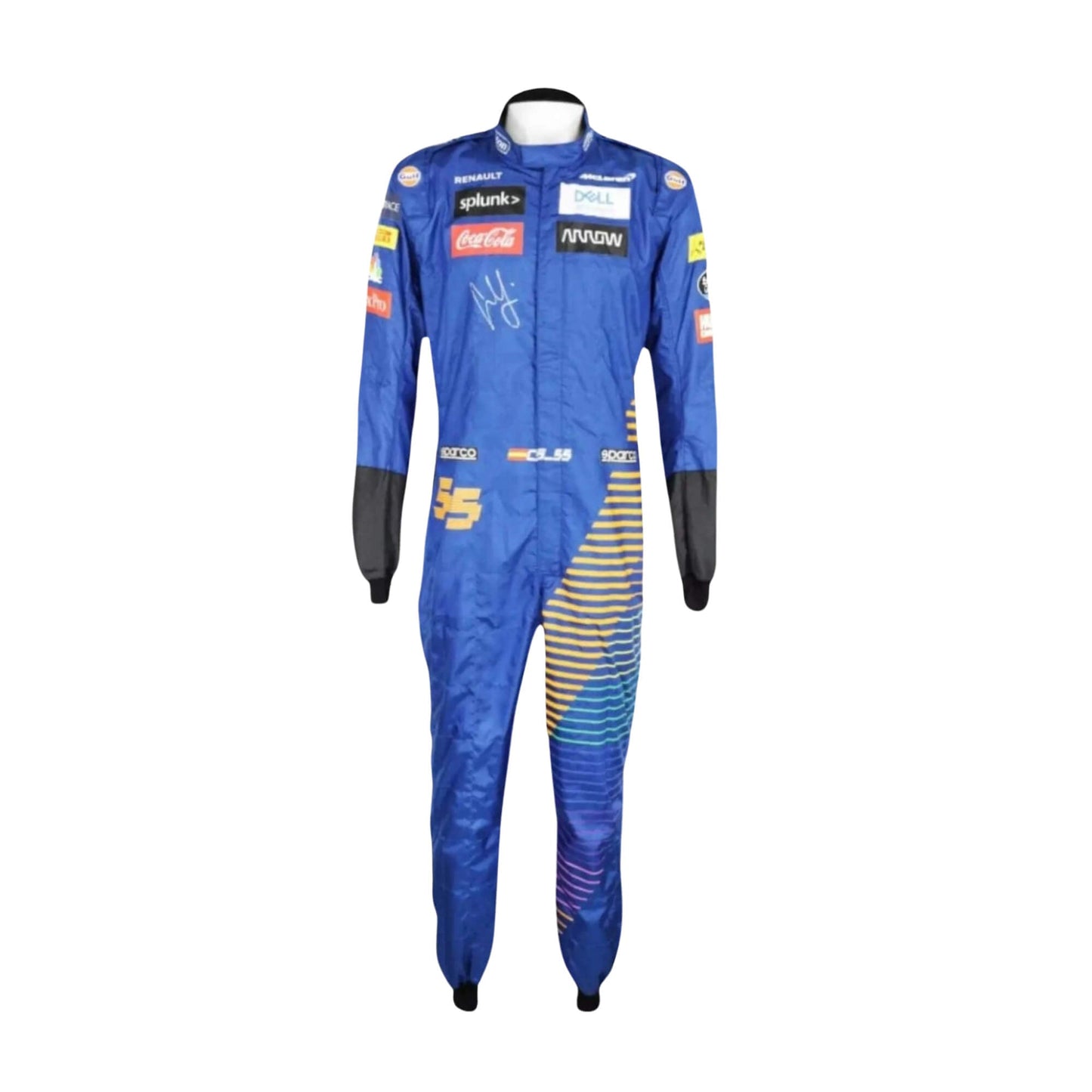 Carlos Sainz 2020 F1 racing suit – front view showcasing vibrant orange and blue design
