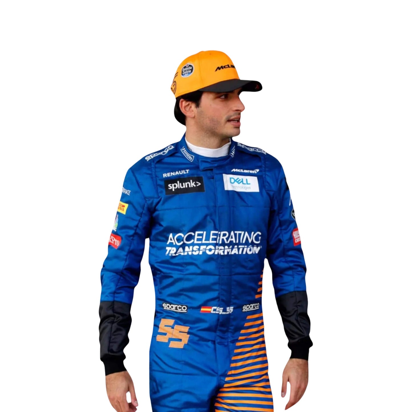 Closeup front view of Carlos Sainz 2020 F1 racing suit – front view showcasing vibrant orange and blue design