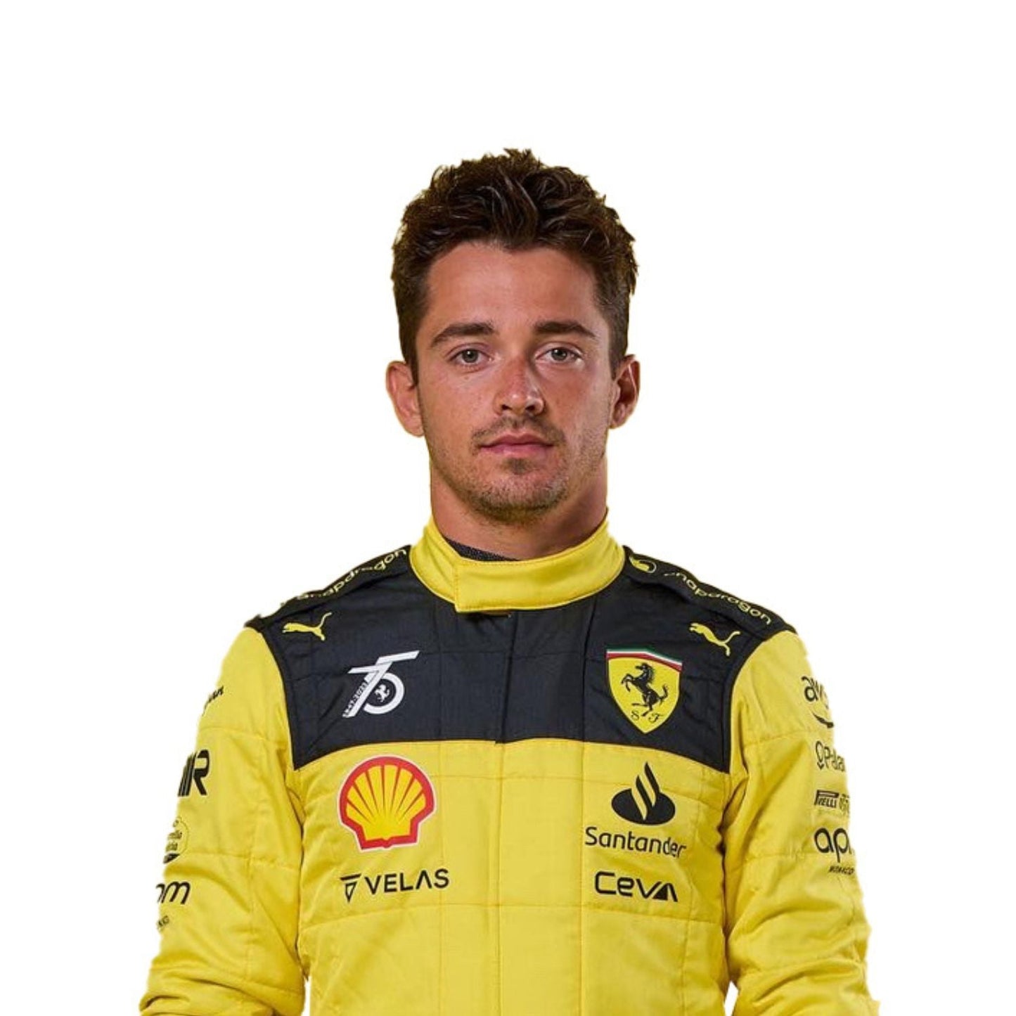 High-resolution image of Charles Leclerc 2022 75th Anniversary racing suit