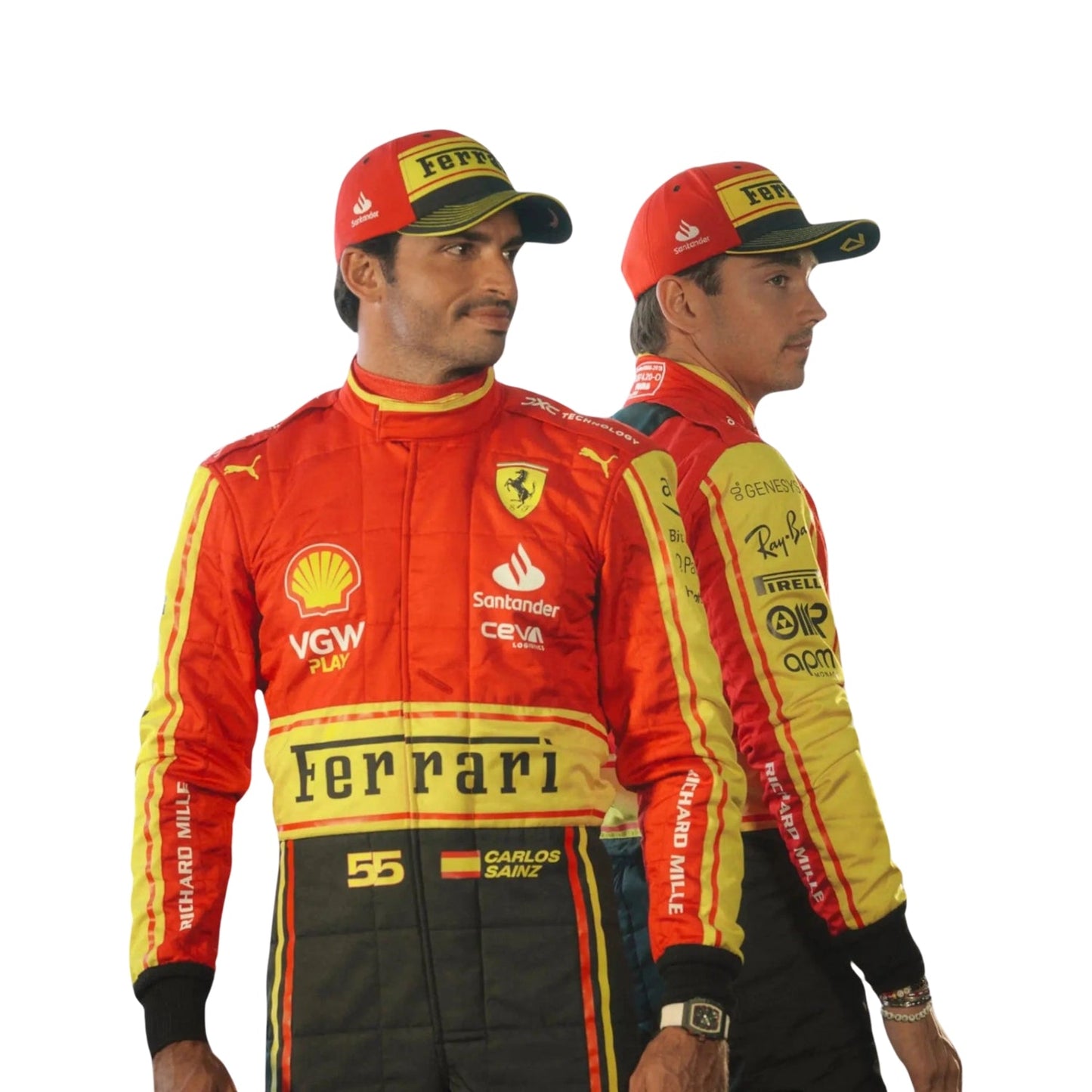 Close-up of the Monza 2023 suit fabric worn by Charles Leclerc and Carlos Saniz, showing fine stitching, red sponsor logos, and the vibrant yellow-red color combination.