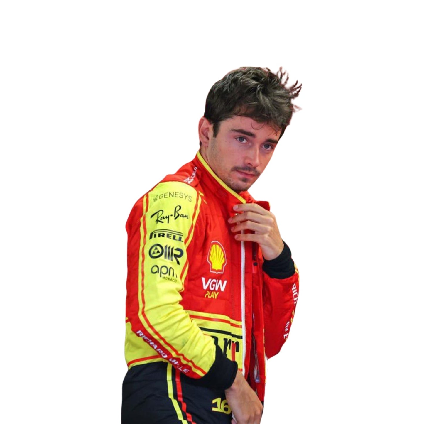 Close-up of the Monza 2023 suit fabric worn by Charles Leclerc, showing fine stitching, red sponsor logos, and the vibrant yellow-red color combination.