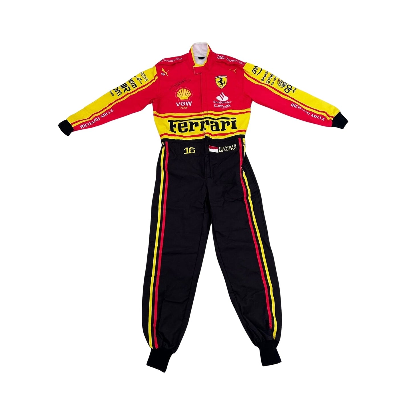 Charles Leclerc’s 2023 Monza GP Special Edition racing suit front view featuring a bold yellow base with red accents, worn during the Italian Grand Prix weekend.
