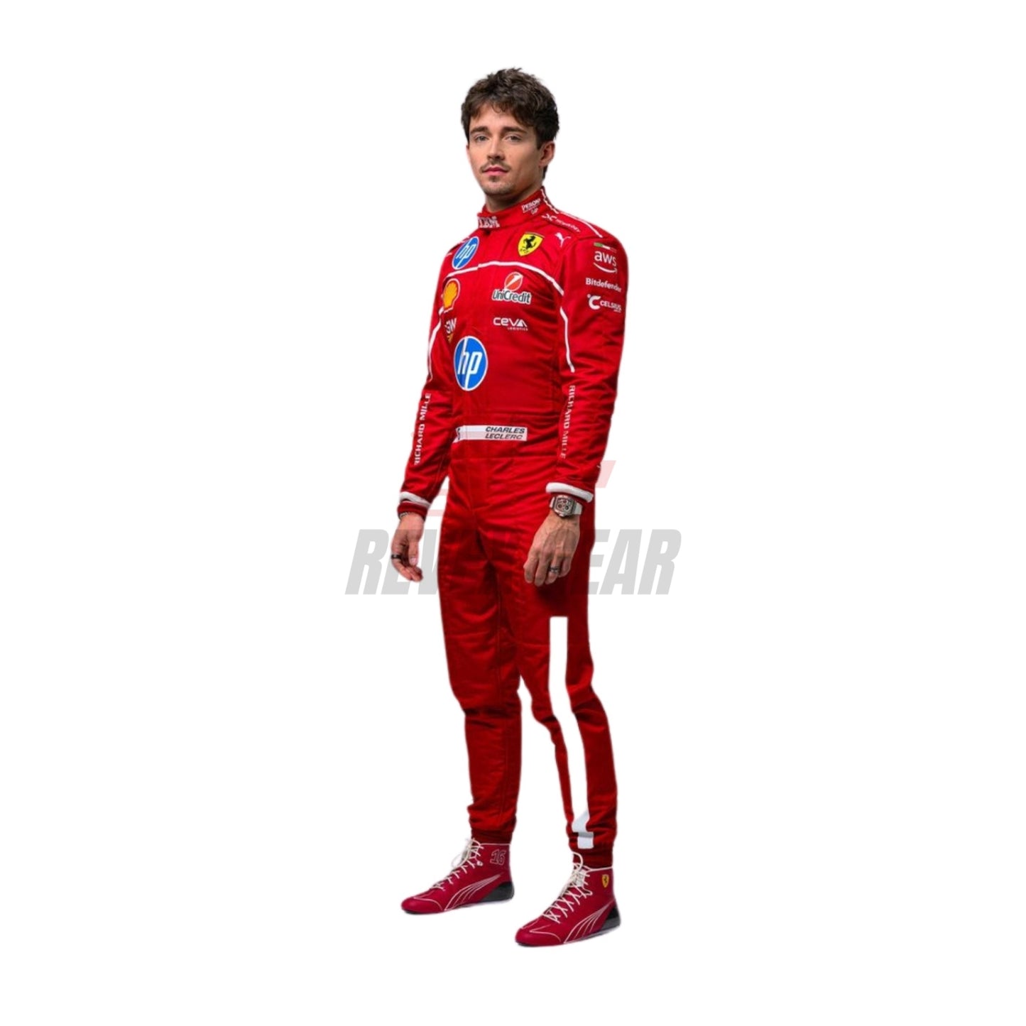Left Side profile of the 2025 Charles Leclerc F1 costume, showing curved sleeve patterns, ergonomic panel stitching, and side sponsor detailing.