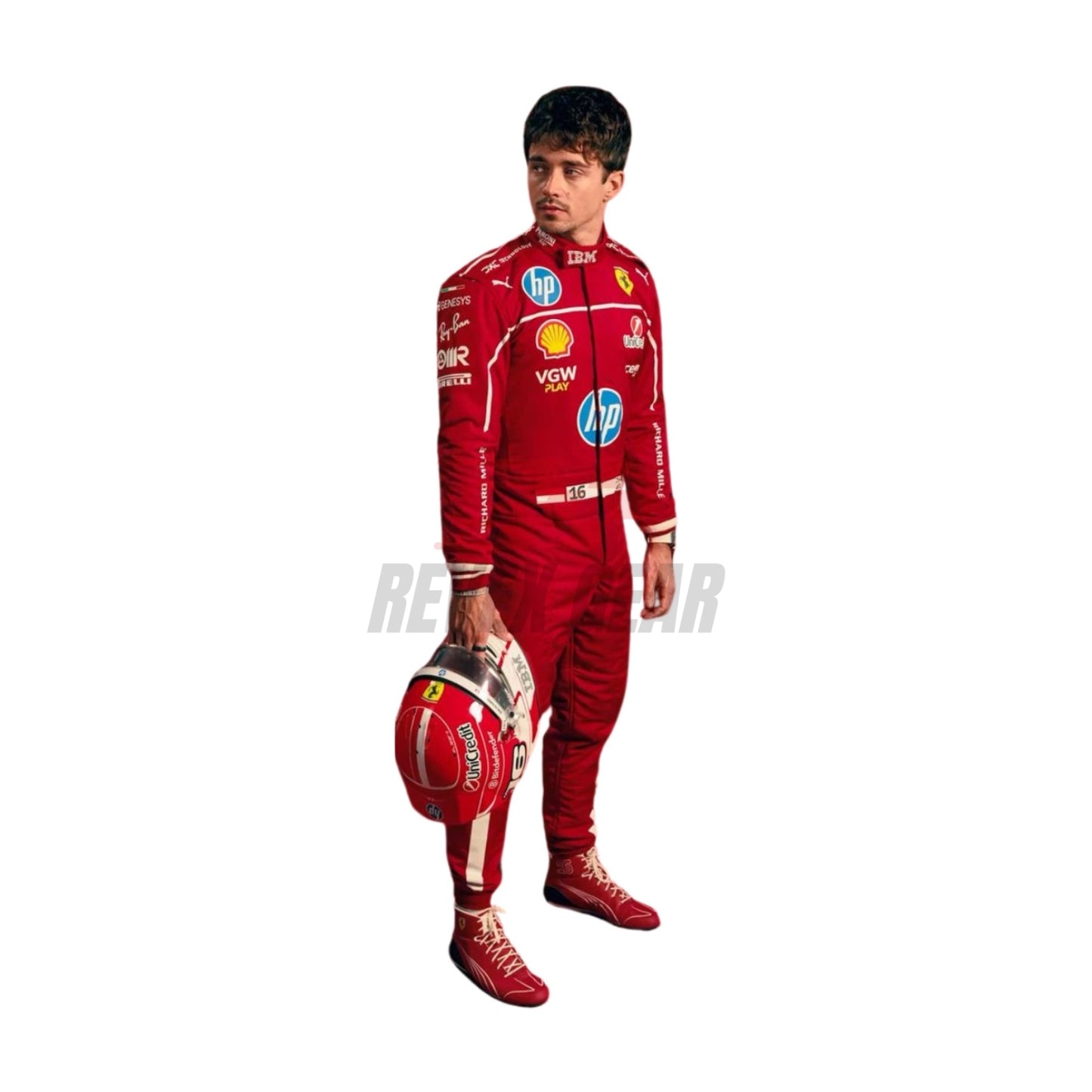 Right Side profile of the 2025 Charles Leclerc F1 costume, showing curved sleeve patterns, ergonomic panel stitching, and side sponsor detailing.