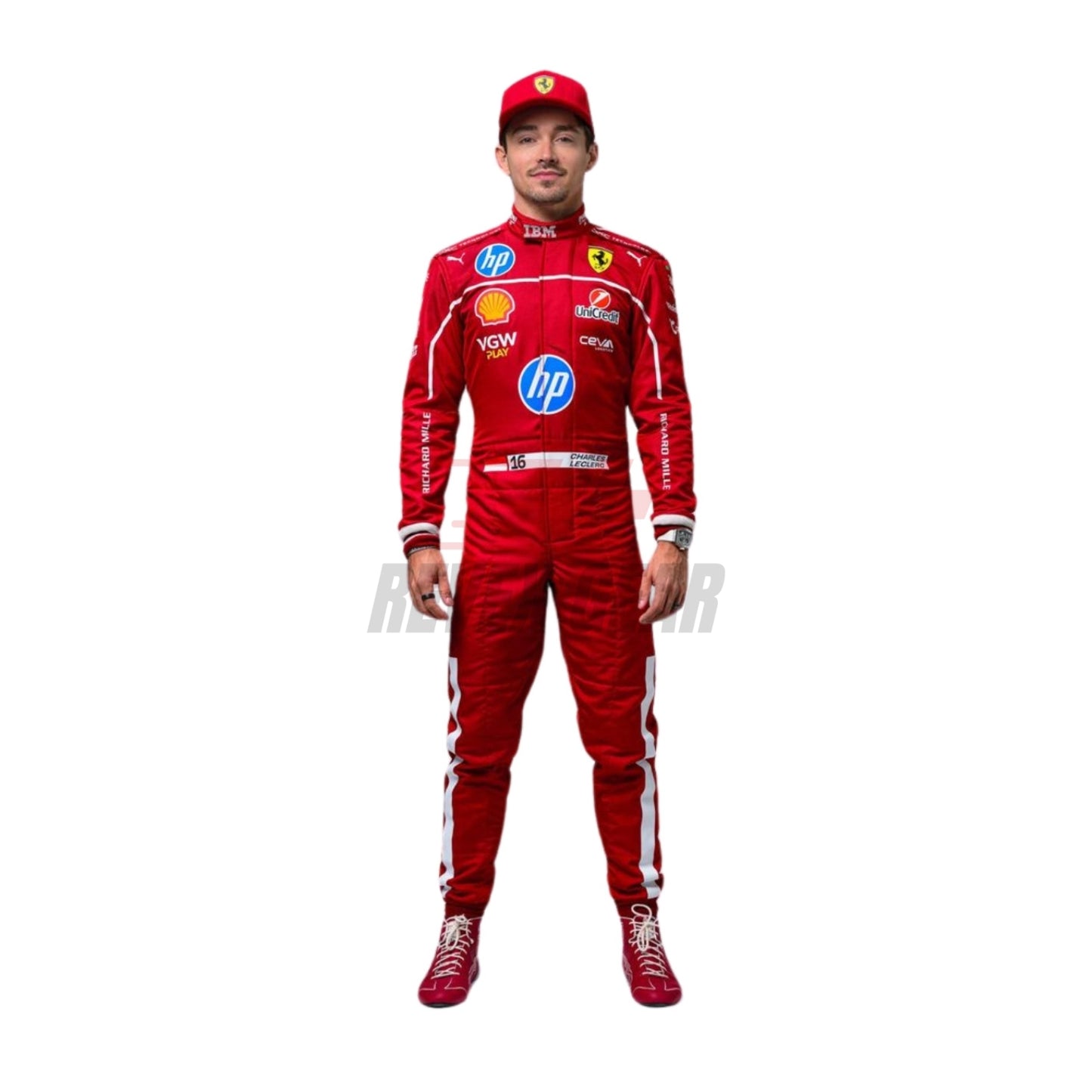 2025 F1 racing costume front view worn by Charles Leclerc featuring aerodynamic design, sponsor patches, and sharp contrast panels in red, black, and silver.