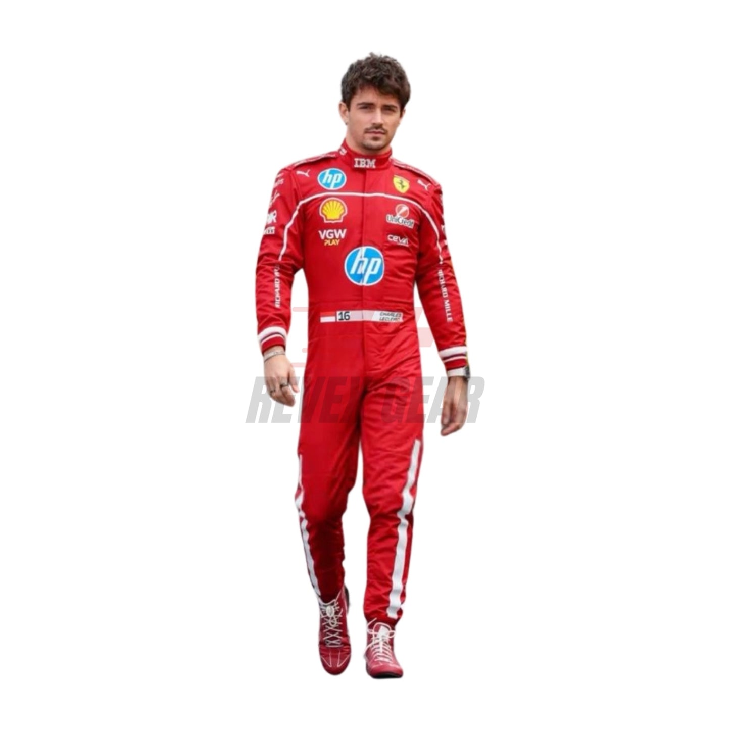 2025 F1 racing costume front view worn by Charles Leclerc featuring aerodynamic design, sponsor patches, and sharp contrast panels in red, black, and silver.