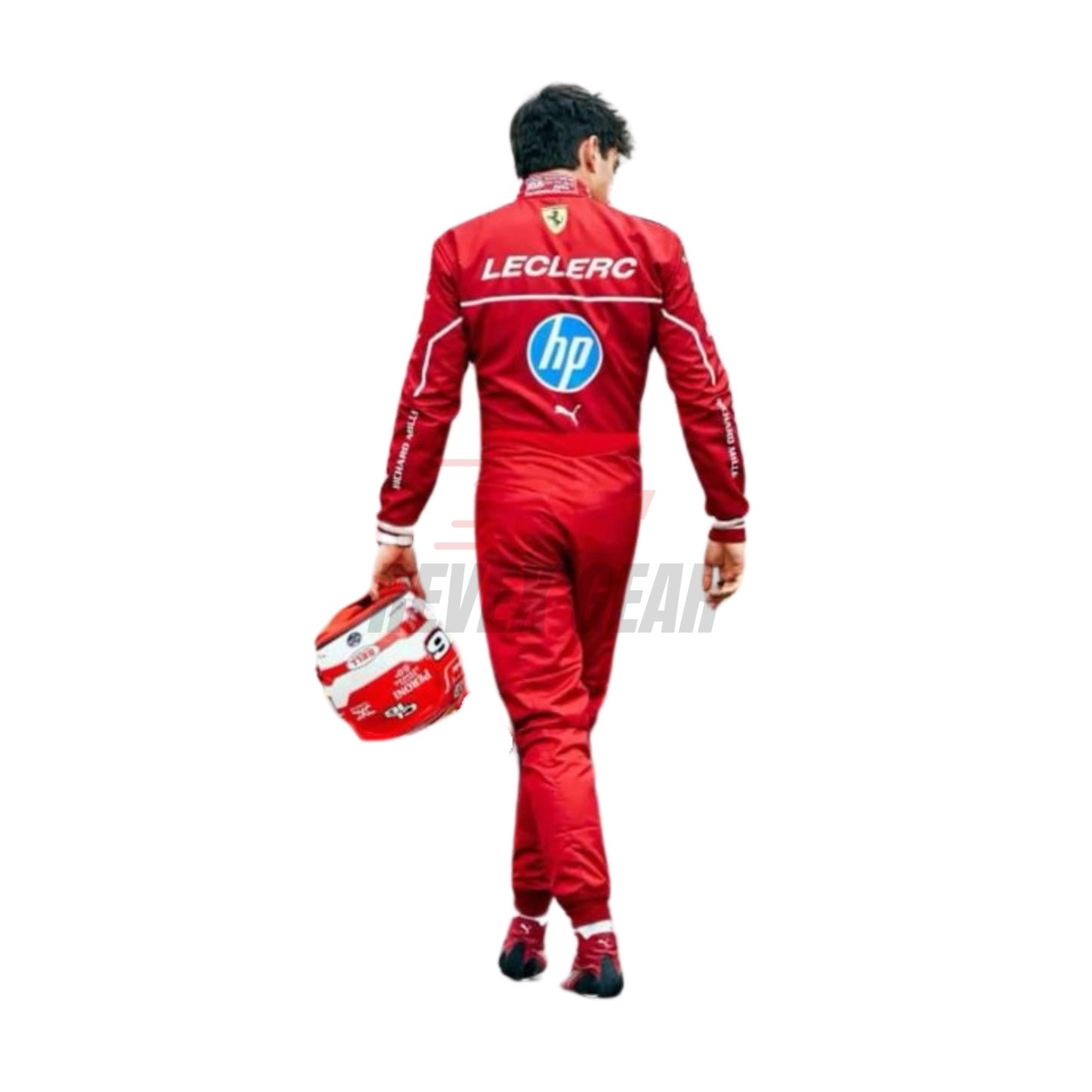 Rear view of 2025 F1 race suit worn by Leclerc with fitted cut, driver branding, and team insignia placed above the aerodynamic spine panel.