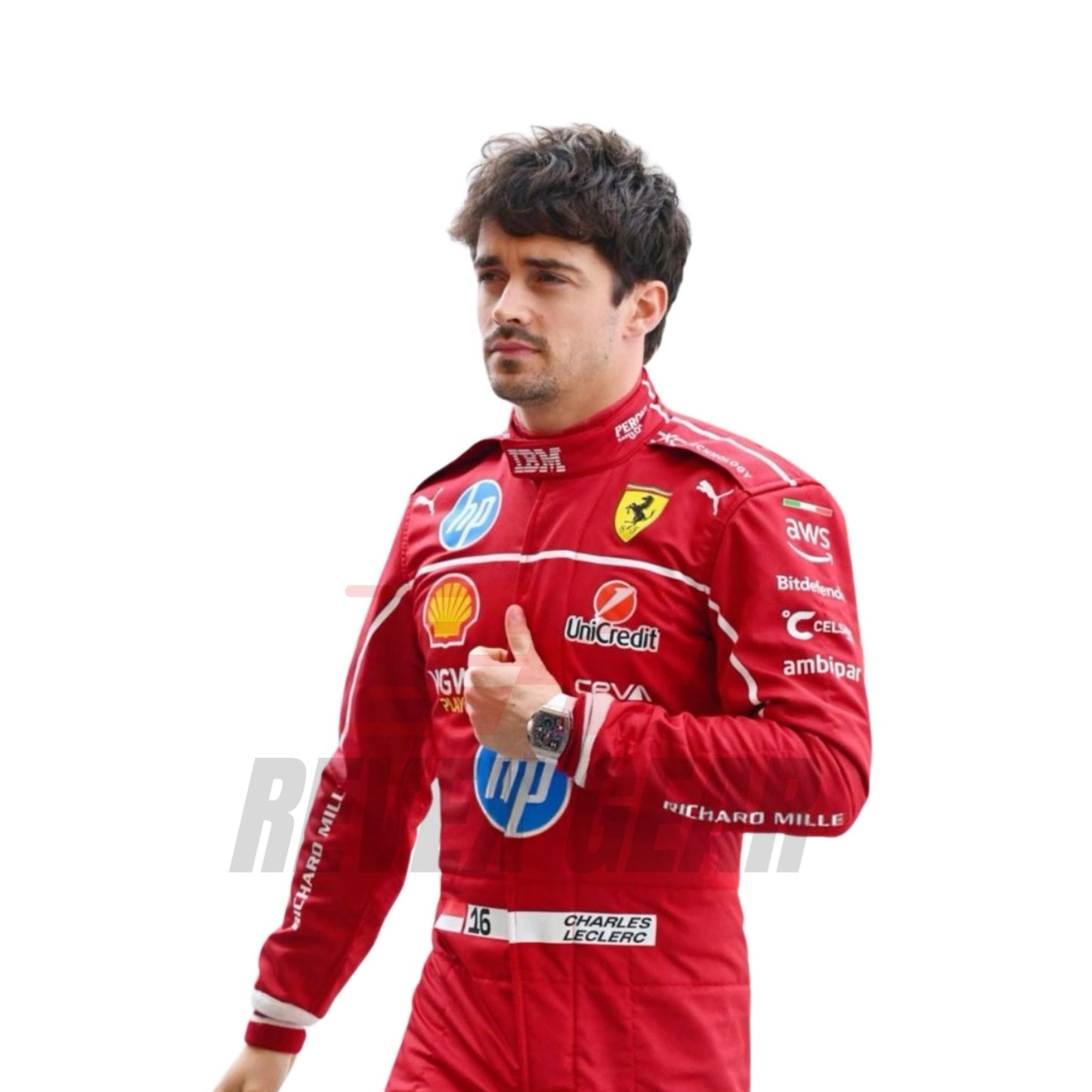 Detailed close-up of the 2025 race suit materials worn by Leclerc, highlighting the precision stitching, breathable mesh zones, and performance-enhancing textures.